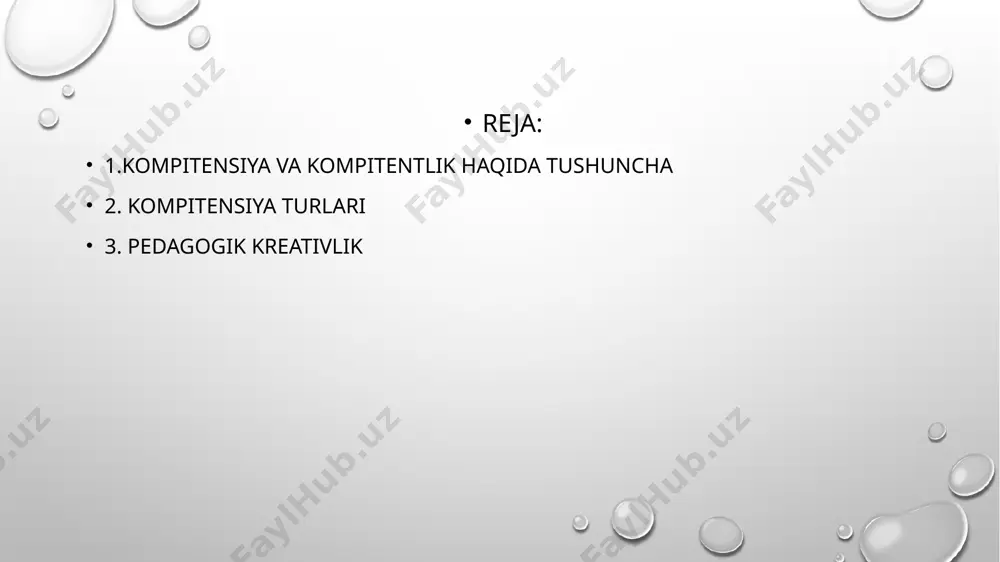 nentlar bilan tavsiflanadi: ‑ shaxsiy-insoniy mo‘ljal; ‑ pedagogik jarayonni tizimli idrok etish; ‑ o‘z faoliyati sohasida mo‘ljal ola bilish; ‑ pedagogik texnologiyalarni o‘zlashtirganlik. ta’limiy kompetensiyalar ikki guruhdan iborat: tayanch (umumiy) va maxsus (fanga oid) kompetensiyalar. ijtimoiy bilimdonlik – dars mobaynida auditoriya bilan samarali o‘zaro muomala shaklini tashkil eta olish, yoshlar bilan til topish va sog‘lom ma’naviy muhitni hosil qila olish qobiliyati. uslubiy bilimdonlik – barcha bilimlarini, ko‘rgan-kechirganlarni yoshlarga tushunarli, ravon tilda yetkaza olishi, ta’lim texnologiyasi va metodlaridan samarali foydalanishi. ixtisoslik bilimdonligi – o‘z fani va predmeti sohasi bo‘yicha chuqur va har tomonlama mukammal bilimlarga ega bo‘la olishi, o‘z ustida ishlash qobiliyati. kommunikativ kompetensiya  jamiyatda o‘zaro muloqotga kirishish uchun ona tili va birorta xorijiy tilni mukammal o‘zlashtirish hamda muloqotda samarali foydalana olish;  o‘z fikrini og‘zaki va yozma tarzda aniq va tushunarli bayon qila olish, mavzudan kelib chiqib savollarni mantiqan to‘g‘ri qo‘ya olish va javob berish;  ijtimoiy moslashuvchanlik, o‘zaro …