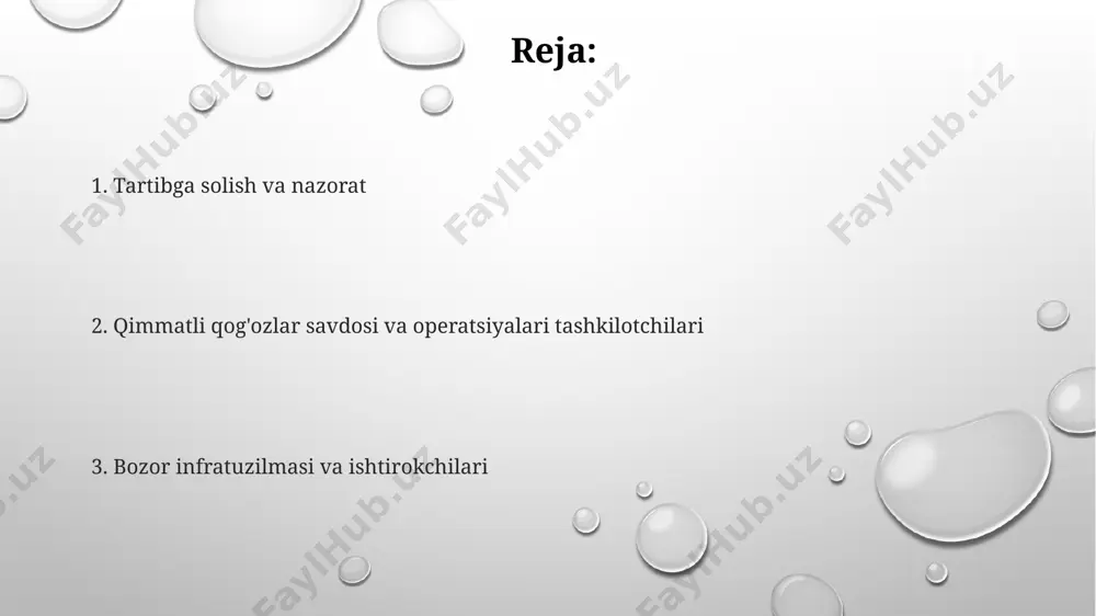 . emitentlar yangi qimmatli qog'ozlarni chiqarish orqali kapitalni jalb qilishda muhim rol o'ynaydi. ular 5 yildan 10 yilgacha bo'lgan muddatga moliyalashtirishni rejalashtirishlari mumkin. bozor ishtirokchilarining roli ro'yxatga olish va tartibga solish organlari o'zbekiston respublikasi markaziy banki, tijorat banklari va boshqa kredit tashkilotlari tomonidan chiqarilgan qimmatli qog'ozlarni tartibga solish va nazorat qilish sohasida alohida vakolatlarga ega bo'lib, bu bank sektorida barqarorlikni ta'minlashga xizmat qiladi. o'zbekistonda qimmatli qog'ozlar bozorini tartibga solish vakolatiga o'zbekiston respublikasi prezidenti huzuridagi loyiha boshqaruvi milliy agentligi (hozirda iqtisodiyot va moliya vazirligi) ega bo'lib, u 1996-yildan beri faoliyat yuritadi. qimmatli qog'ozlar bozorining professional ishtirokchilarini ro'yxatga olish va ularning faoliyatini litsenziyalash o'zbekiston respublikasi qonunchiligiga muvofiq amalga oshiriladi, bu esa bozorning 100% shaffofligini ta'minlashga qaratilgan. savdo maydonchalari va texnologiyalari savollar savdo maydonchalari elektron savdo tizimlaridan foydalanadi, masalan, nasdaqning inet tizimi, bu sekundiga millionlab buyurtmalarni bajarish imkonini beradi va yuqori chastotali savdoni (hft) qo'llab-quvvatlaydi. algoritmik savdo, texnologiyalar yordamida, savdo hajmining 70-80% ni …