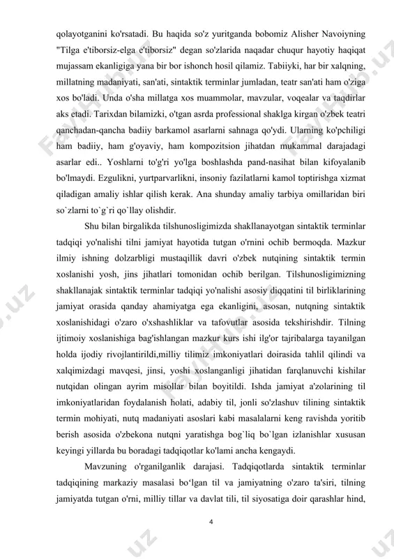 k sintaktik terminlarining shakllanishi va taraqqiyoti: filologiya fanlari bo'yicha falsafa doktori (phd)dissertatsiyasi avtoreferati. –toshkent va xudoyberganova d. lingvokulturologiya sintaktik terminlarining qisqacha izohli lug'ati muhim ahamiyatga egadir.mutaxassislar s.mo'minovning "o'zbek muloqot nutqining ijtimoiy-lisoniy xususiyatlari" nomli doktorlik dissertatsiyasini sintaktik termin aspektdagi ilk ish sifatida qayd etadi. keyingi yillarda bu boradagi tadqiqotlar ko'lami ancha kengaydi. tadqiqot predmeti: mustaqillik davrida yaratilgan dramatik asarlarni sintaktik termin nuqtai nazaridan tahlil qilish. ishning maqsadi. mazkur kurs ishining maqsadi tilning ijtimoiy hayotida tutgan o'rni va nutqning sintaktik termin xoslanishi xususiyatlarini sinxron usulda yoritib berish va uni kengroq tavsiflashdan iborat. kurs ishining vazifalari: mazkur tadqiqotda ko'zda tutilgan vazifalar quyidagilardan iborat: so`z, til, sintaktik termin munosabatlarini kengroq ko'lamda yoritish; og`zaki nutqda va yozma sintaktik termin omillarning o'rnini aniqlash; tilning ijtimoiy xoslanishidan tashqari vazifasini o'rganish,o'zbek milliy xarakteri uchun xos bo'lgan birliklarni tahlil qilish va aniq xulosalar chiqarish. kurs ishi obyekti: o‘zbek tilshunosligida sintaktik terminlar tadqiqi oid "sharq yulduzi"jurnalida e'lon qilingan maqolalar, so'nggi …