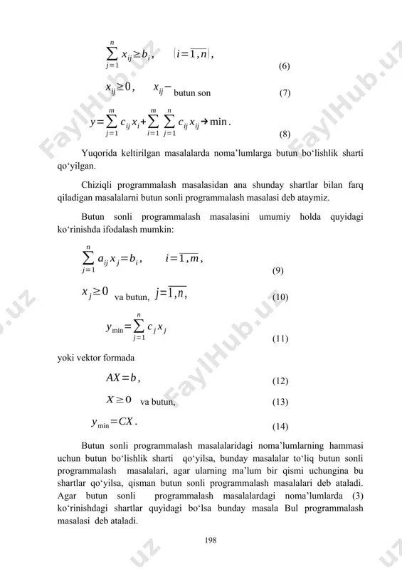 g faqat to‘liq butun sonli programmalash masalarini yechish uchun mo‘ljallangan 1- algoritm bilan tanishamiz. bu usulning g‘oyasi quyidagidan iborat. berilgan butun sonli programmalash masalasida noma’lumlarning butun bo‘lishlik shartiga e’tibor bermasdan, ularni oddiy chiziqli programmalash masalasi sifatida simpleks usuldan foydalanib yechamiz. agar yechim butun sonlardan iborat bo‘lsa, u butun sonli programmalash masalasining ham yechimi bo‘ladi. aks holda noma’lumlarning butun bo‘lishlik shartini e’tiborga oluvchi va «kesuvchi tenglama» deb ataluvchi qo‘shimcha tenglama tuziladi. bu tenglama asosiy tenglamalar sistemasiga kiritib yoziladi va bazis yechim almashtiriladi. buning uchun noma’lumni kesuvchi tenglamadan ajratiladi va uning qiymatini boshqa tenglamalarga qo‘yib chiqiladi. bunday ishlar masalaning butun sonli yechimi topilguncha yoki uning mavjud emasligi aniqlanguncha takrorlanadi. har bir siklda tuzilgan bu tenglamaning qo‘shimcha deb atalishiga sabab shuki, bu tenglama yordamida berilgan (9) –(11) masalaning planlaridan tashkil topgan qavariq to‘plamning kasr sonli planlarni o‘z ichiga olgan qismi kesib boriladi. kesish jarayoni to‘plamning faqat butun sonli planlarni o‘z ichiga olgan qismi …
