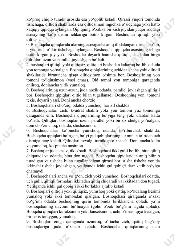 ig‘i bilan deyarli teng uzunlikda. hamma gulining ichki gul qobig‘i tashqi gul qobig‘iga qraganda biroz kichik yoki unga teng. 0. boshoqcha qipig‘i pardasimon (suli qipig‘iga o‘xshash), yumshoq, juda uzun, bo‘yi tashqi gul qobig‘iga baravar keladi. har bir boshoqchadagi eng past gulning ichki gul qobig‘i tashqi gul qobig‘ining yarmiga teng. 3. boshoqcha qipig‘ida sust ifodalangan qirrasi bor. qipiqning ustki qismida ko‘proq chiqib turadi, asosida esa yo‘qolib ketadi. qirrasi yuqori tomonda tishchaga, qiltiqli shakllarda esa qiltiqsimon ingichka o‘siqchaga yoki hatto xaqiqiy qipiqqa aylangan. qipiqning o‘zakka birikish joyidan yuqoriroqdagi asosiyning ko‘p qismi ichkariga botib kirgan. boshoqlari qiltiqli yoki qiltiqsiz. 0. boshoqcha qipiqlarida ularning asosigacha aniq ifodalangan qirrasi bo‘lib, u yuqorida o‘tkir tishchaga aylangan. boshoqcha qipiqcha asosining ichiga botib kirgan joy yo‘q. boshoqlar deyarli hamisha qiltiqli, shu bilan birga qiltiqlari uzun va parallel joylashgan bo‘ladi. 4. boshoqlari qiltiqli yoki qiltiqsiz, qiltiqlari boshqdan kaltaroq bo‘lib, odatda yon tomonga yo‘nalgan. boshoqcha qipiqlarining uchida tishcha yoki qiltiqli …