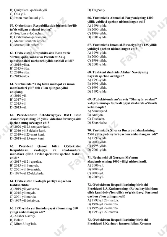 a? a) 16 yosh. b) 18 yosh. c) 15 yosh. d) 14 yosh. 46. o‘zbekiston respublikasida necha yoshdan kam bo‘lmagan fuqarolar prezidentlikka saylanishi mumkin? a) 35 yoshdan. b) 25 yoshdan. c) 21 yoshdan. d) 18 yoshdan. 47. o‘zbekiston respublikasida necha yoshga to‘lgan fuqarolar oliy majlisga saylanishi mumkin? a) 35 yosh. b) 25 yosh. c) 21 yosh. d) 18 yosh. 48. o‘zbekiston respublikasida necha toshga to‘lgan fuqarolar viloyat, tuman, shahar kengashlariga deputatlikka saylanishi mumkin? a) 35 yosh. b) 25 yosh. c) 21 yosh. d) 18 yosh. 49. “o‘zbekiston havo yo‘llari” milliy aviakompaniyasi qachon tashkil etiladi? a) 1990-yil 16-aprelda. b) 1994-yil 21-dekabrda. c) 1992-yil 28-yanvarda. d) 1996-yil 15-martda. 50. toshkent shahrida metrosining 6 ta bekatdan iborat yunusobod liniyasi qachon ishga tushirildi? a) 2001-yil avgustda. b) 2006-yil avgustda. c) 1995-yil avgustda. d) 2018-yil avgustda. 51. “navoiy-uchquduq-sulton uvaystog‘-nukus” temir yo‘li qachon ishga tushrilgan edi? a) 1996-yilda. b) 2018-yilda. c) 2001-yilda. d) 1999-yilda. 52. o‘zbekistonda …