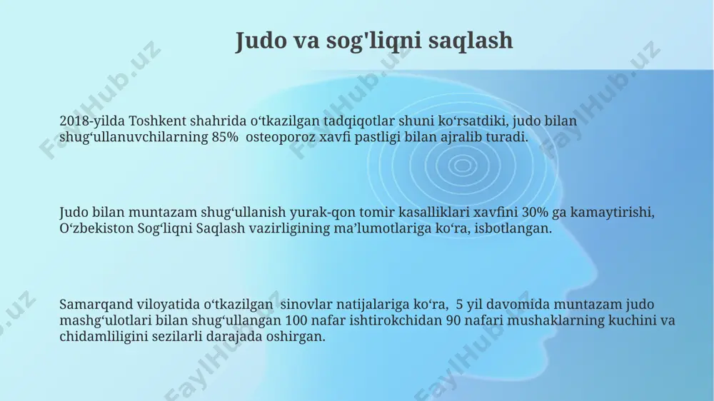 mavjud. mavzuga oid 7 ta asosiy judo uslubi mavjud bo'lib, ular orasida gosen, kosen va yagura kabi nomlar uchraydi, har biri o'ziga xos texnika va strategiyalariga ega. judo bo'yicha xalqaro hamkorlik braziliya va fransiya kabi mamlakatlar jahon miqyosida judo bo'yicha yuqori darajadagi muvaffaqiyatlarga erishgan, bu esa ular orasidagi samarali hamkorlik va tajriba almashinuvi natijasidir, 10 dan ortiq qo'shma loyihalarni amalga oshirish orqali. xalqaro judo federatsiyasi (ijf)ning 200 dan ortiq a'zosi bor, ular dunyoning turli burchaklaridan, jumladan, osiyo, amerika va yevropadan bo'lib, texnik bilimlar va tajriba almashishda hamkorlik qiladi. 1950-yillardan buyon yaponiya judo federatsiyasi 100 dan ortiq mamlakatdagi judo federatsiyalari bilan o'zaro hamkorlikni rivojlantirishda faol ishtirok etadi, xalqaro musobaqalar va murabbiylar almashinuvi orqali. voyaga yetganlar uchun judo mashg'ulotlari самарқанддаги 60 дан ортиқ фаол қатнашчиси бор жудо секциясида ёши катта спортчиларга мўлжалланган техникаларни ўргатишда, асосан, енгил ва самарали ҳаракатларга урғу берилади. андижон вилоятидаги жудо мактабларида 55-75 ёш оралиғидаги шахслар учун адаптация қилинган …