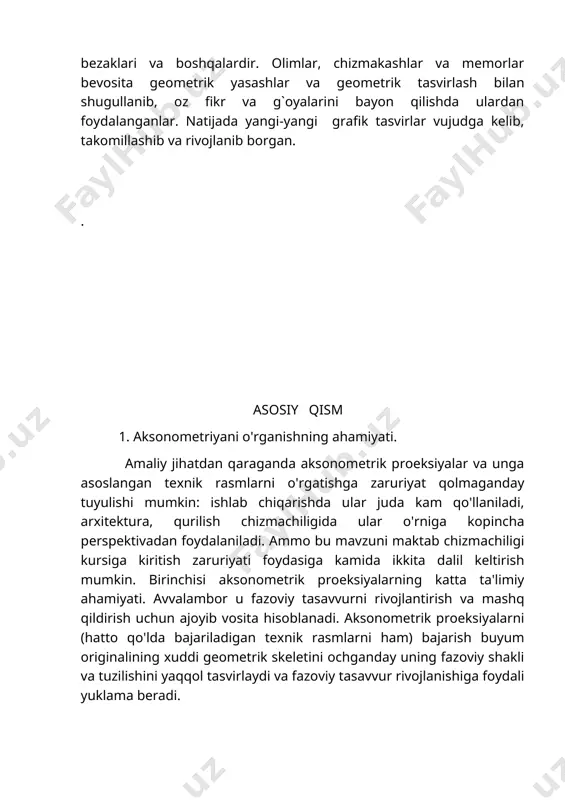 yayalar. 2.aksonometrik proektsiyaning turlarini o'rgatish. maktab chizmachilik kursida o'quvchilar aksonometrik proeksiya-ning ikki turi-qiyshiq burchakli dimetrik proeksiyalar va to'g'ri burchakli izometrik proeksiyalarni o'rganadilar. ma'lumki, kasb-hunar kollejlarining muhandislik grafikasi fanlari chuqur o`rganiladigan yo`nlishlarida aksonometrik proekciyalar mavzusiga alohidama'ruza va amaliy mashg'ulotlar ajratiladi. shu yo'l bilan ushbu tasvir yasash usullarini chuqur nazariy asoslari o'rganiladi. yuqoridagilami hisobga olib mavzuni o'rganish metodika-siga birmuncha kengroq toxtalamiz. darsda aksonometrik va kompleks chizmalarni oquvchilar bilan birgalikda tahlil qilish o'quvchilarning mavzuni oson o'zlashtirishlariga hamda kompleks va aksonometrik tasvirlar osonlashtiradi. aksonometrik proektsiya mavzusini o'rgatishda ularni namoyish qiluvchi ko'rgazmalardan foydalanish. aksonometrik proeksiyalar mavzusini o'rganishda ulami namoyish qiluvchi ko`rgazmalardan foydalanilsa yaxshi natijalarga erishish mumkin (67-68-shakl ) qiyshiq burchakli frontal dimetrik proeksiyaning hosil bo'lishi model yordamida qiyshiq burchakli frontal dimetrik proeksiyani hosil qilish uchun predmetning oldingi qirrasi proeksiyalar tekisligiga parallel, proeksiyalovchi nurlar esa tekislikka o'tkir burchak ostida yo'naltiriladi. bu holda oldingi qirra tekislikka haqiqiy kattalikda proeksiyalanadi, yon va yuqorigi qirralarining kattaliklari esa o`zgaradi (67-shakl). …