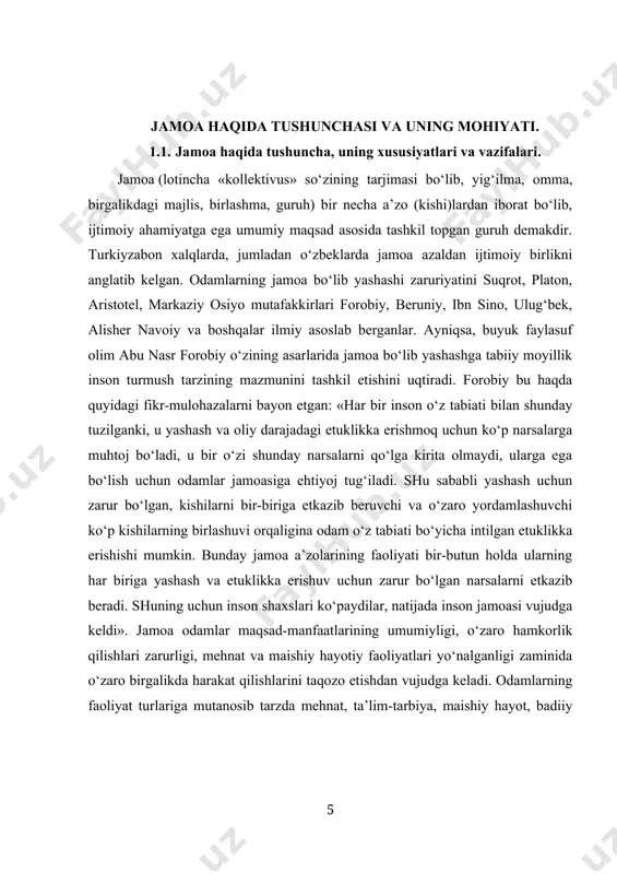 inson jamoasi vujudga keldi». jamoa odamlar maqsad-manfaatlarining umumiyligi, o‘zaro hamkorlik qilishlari zarurligi, mehnat va maishiy hayotiy faoliyatlari yo‘nalganligi zaminida o‘zaro birgalikda harakat qilishlarini taqozo etishdan vujudga keladi. odamlarning faoliyat turlariga mutanosib tarzda mehnat, ta’lim-tarbiya, maishiy hayot, badiiy ijod, harbiy, jismoniy tarbiya, sport, oila kabi doiralarda jamoalar vujudga kelishi va samarali amal qilishi mumkin. zamonaviy talqinda «jamoa» tushunchasi ikki xil ma’noda ishlatiladi. birinchidan, jamoa deganda bir necha kishilarning muayyan maqsad yo‘lida birlashuvidan iborat tashkiliy guruhi tushuniladi (masalan ishlab chiqarish jamoasi, zavod jamoasi, o‘quv yurti jamoasi, xo‘jalik jamosi va hokazo). ikkinchidan, jamoa deganda yuqori darajada uyushtirilgan guruh tushuniladi. chunonchi, o‘quvchilar jamoasi yuqori darajada uyushtirilgan birlashma hisoblanadi. jamoaning rivojlanishi – jamoa hayotining qonunidir. xoʻsh, bolalar jamoasining olgʻa harakat qilib borishiga nima yordam beradi? uning rivojlanishiga nima imkon beradi? bunday kuch istiqboldir. hayot shuni koʻrsatadiki, kishining kelajakka umid va ishonch bilan intilishi, hayotiy istiqbolini yurtimizning taqdiri bilan bogʻlab, mustaqil diyorimizning bugungi jamiyat sharoitida ma’naviy …