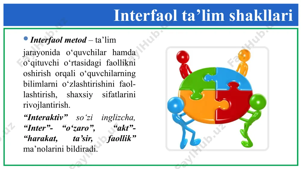 to‘g‘ri javoblar tanlab olinadi “kichik guruhlarda ishlash“ metod i “kichik guruhlarda ishlash” metodi- ta’lim oluvchilarni faollashtirish maqsadida ularni kichik guruhlarga ajratgan holda o‘quv materialini o‘rganish yoki topshiriqni bajarishga qaratilgan darsdagi ijodiy ish. “kichik guruhlarda ishlash” metodining tuzilmasi kichik guruhlar shakllantiriladi mavzu yoritiladi 1-guruhga topshiriq 2-guruhga topshiriq 3- guruhga topshiriq 4- guruhga topshiriq ko‘rsatma berish va yo‘naltirish muhokama, tahlil va baholash 1-guruh taqdimoti 2- guruh taqdimoti 3- guruh taqdimoti 4- guruh taqdimoti “muammoli vaziyat” metodi “muammoli vaziyat” metodi– ta’lim oluvchilarda muammoli vaziyatlarning sabab va oqibatlarini tahlil qilish hamda ularning yechimini topish bo‘yicha ko‘nikmalarini shakllantirishga qaratilgan metoddir. "muammoli vaziyat“ metodining tuzilmasi 18 muammoli vaziyat tavsifi beriladi guruhlar muammmoli vaziyatning kelib chiqish sabablarini aniqlaydilar guruhlar muammoli vaziyatning oqibatlari to‘g‘risida fikr yuritadilar guruhlar muammoli vaziyatni yechish yo‘llarini ishlab chiqadilar to‘g‘ri yechimlar tanlab olinadi “davra suhbati” metodi “davra suhbati” metodi- aylana stol atrofida berilgan muammo yoki savollar yuzasidan o‘quvchilar tomonidan o‘z fikr-mulohazalarini bildirish orqali olib …