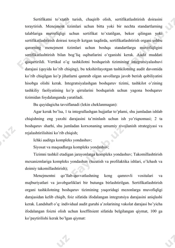 an foizni olish uchun koeffitsient sifatida belgilangan qiymat, 100 ga ko’paytirilishi kerak bo’lgan qiymat: qo’shma audit bilan qamrab olinadigan boshqarish tizimiga talablarni belgilaydigan standartlar soni; z - auditorlar soni. misol. uch xil boshqaruv tizimining standartlarini baholaydigan uchta auditorning qo’shma auditini o’tkazish uchun guruh. auditorlardan biri uchta standartlarning barchasiga nisbatan etarlicha malakaga ega, ikkinchisi esa ikkita standartga, uchinchisi esa bitta standartga nisbatan vakolatlarga ega. gorizontal o’q bo’yicha qo’llanilishi kerak bo’lgan foiz nisbati (1) formula bo’yicha quyidagicha aniqlanadi: 100 ((3 - 1) + (2 - 1) + (1 - 1)) 3 (3 - 1) = 50%. har bir auditorning ikki yoki undan ortiq seriyali audit mezonlari standartlari bo’yicha mavjud vakolatlari tufayli yuqori tashkiliy va texnik ko’rsatkichlarga erishiladi va bu yuqorida ko’rsatilgan formulada vaqtni qisqartirishni hisobga oladi. bu quyidagilarni nazarda tutadi: bitta kirish va bitta yopilish yig’ilishidan 1 baravar tejash; bitta qo’shma auditorlik hisobotining chiqarilishi tufayli 2 baravar tejash; logistikani optimallashtirish hisobiga vaqtni …