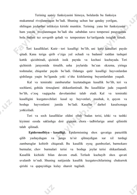 . avvaliga qichishish va og’rik bartaraf qilinadi, sungra esa parazit yuqotiladi. kasallikni oldini olish shaxsiy gigiena koidalariga rioya qilishdan iboratdir. chiniqtirish-bu organizmning atrof-muhitning noqulay omillariga, ayniqsa, sovuqqa bardoshliligini oshirishga yo’naltirilgan tadbirlar kompleksidir. tana sovuganda dastlab teri tomirlari torayadi, qon ichki organlarga qo’yiladi, teri oqaradi, shu bilan bir vaqtda yurak qisqarishlari tezlashadi va kuchayadi, qonning arterial bosimi ko’tariladi, issiqlik mahsulini kuchaytirishga olib boruvchi titrash paydo bo’ladi (muslullar beixtiyor qisqaradi); bu vaqtda tana temperaturasi ko’tariladi. shundan keyin teri qizaradi va butun tana bo’ylab issiqlikni sezish holati paydo bo’ladi, chunki issiqlik mahsuli issiqlik yo’qolishini oshira boshlaydi. keyinchalik soviganda teri qaytadan oqaradi, lablar ko’karadi, tana bo’ylab titroq boshlanadi, bu organizm haddan tashqari soviganligining belgisidir. sovuqning har kungi ta’siriga organizm o’rganadi va kamroq ta’sirlanadi; sovuq birmuncha uzoq vaqt va intensiv ta’sir etgandagina haddan tashqari sovish belgilari paydo bo’ladi. shu bilan bir vaqtda organizmning yuqumli kasalliklarga bardoshliligi oshadi. organizmni chiniqtirish-o’ta davolovchi vosita bo’lib, talaba sog’ligini mutadil …