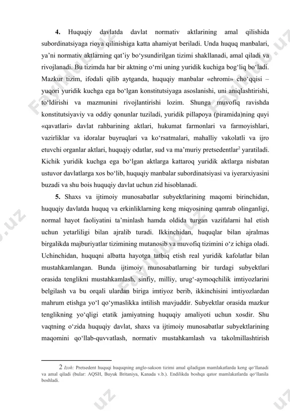 orasida mazkur tenglikning yo‘qligi etatik jamiyatning huquqiy amaliyoti uchun xosdir. shu vaqtning o‘zida huquqiy davlat, shaxs va ijtimoiy munosabatlar subyektlarining maqomini qo‘llab-quvvatlash, normativ mustahkamlash va takolmillashtirish haqida g‘amxo‘rlik qiladi, o‘zida yashiringan imkoniyatlarni huquqni tashuvchilar oldida namoyon qilishga intiladi. 6. barcha davlat va ijtimoiy institutlar va tuzilmalarning legitimligi – huquqiy davlatning alohida belgilaridan biridir. bu yerda yuridik bazaga ega bo‘lmagan institutlar va tuzulmalarni kam uchratish mumkin. basharti ular mavjud bo‘lsa ham, uzoq muddatga yashash va muvaffaqiyatli faoliyat ko‘rsatish istiqbollariga ega bo‘lmaydilar, piravordida yengib bo‘lmas qiyinchiliklarga uchrab tezda sahnadan tushib ketadilar. davlat institutlari va tuzilmalarining ko‘pchiligi qonun asosida, belgilangan tartib va muolajalarga rioya qilgan holda, ularning maqsadi, vazifasi, amal qilish shakl va usullari rasmiy ravishda reglamentatsiya qilingan holda yaratiladi. xususan, bu qonuniylashtirishning ro‘yxatga olish, ijozat berish va litsenziya berish usullari, shuningdek muvofiq davlat organlari tomonidan nazorat-taftish vakolatlarining qo‘llanishi bilan ta’minlanadi. huquqiy davlatdagi muhitning o‘zi yuridik munosabatda shubhali institut va tuzilmalarning qisqarishi uchun …