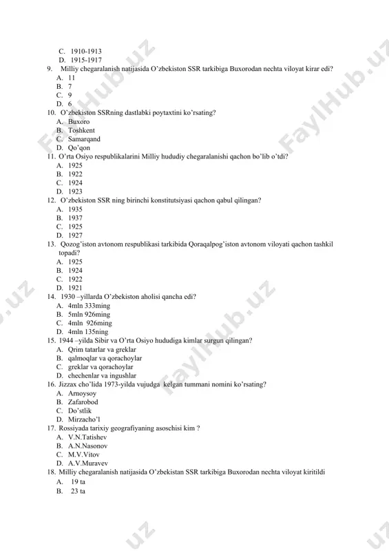ar b. qalmoqlar va qorachoylar c. greklar va qorachoylar d. chechenlar va ingushlar 16. jizzax cho’lida 1973-yilda vujudga kelgan tummani nomini ko’rsating? a. arnoysoy b. zafarobod c. do’stlik d. mirzacho’l 17. rossiyada tarixiy geografiyaning asoschisi kim ? a. v.n.tatishev b. a.n.nasonov c. m.v.vitov d. a.v.muravev 18. milliy chegaralanish natijasida o’zbekistan ssr tarkibiga buxorodan nechta viloyat kiritildi a. 19 ta b. 23 ta c. 15 ta d. 9 ta 19. o’zbekiston nechanchi yili sssr tarkibiga kiritildi? a. 1925 yil yanvar b. 1925 yil fevral c. 1925 yil aprel d. 1925 yil may 20. taxiatash gresini qurish nechinchi yil boshlandi? a. 1952 yil b. 1955 yil c. 1956 yil d. 1958 yil 21. qoraqolpoq avtanom viloyati tashkil topganlik to’g’risisdagi deklaratsiya qachon qabul qilindi? a. 1925 yil 12-19 fevral b. 1924 yil 12-19 fevral c. 1924 yil 15 fevral d. 1926 yil 23 fevral 22. 1930 yilda o’zbekiston hudududida qancha aholi istiqomat qiladi …