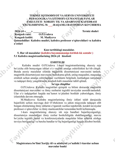 xorijiy til va adabiyot kafedrasi yig‘ilishi bayonnomasi — DOCX