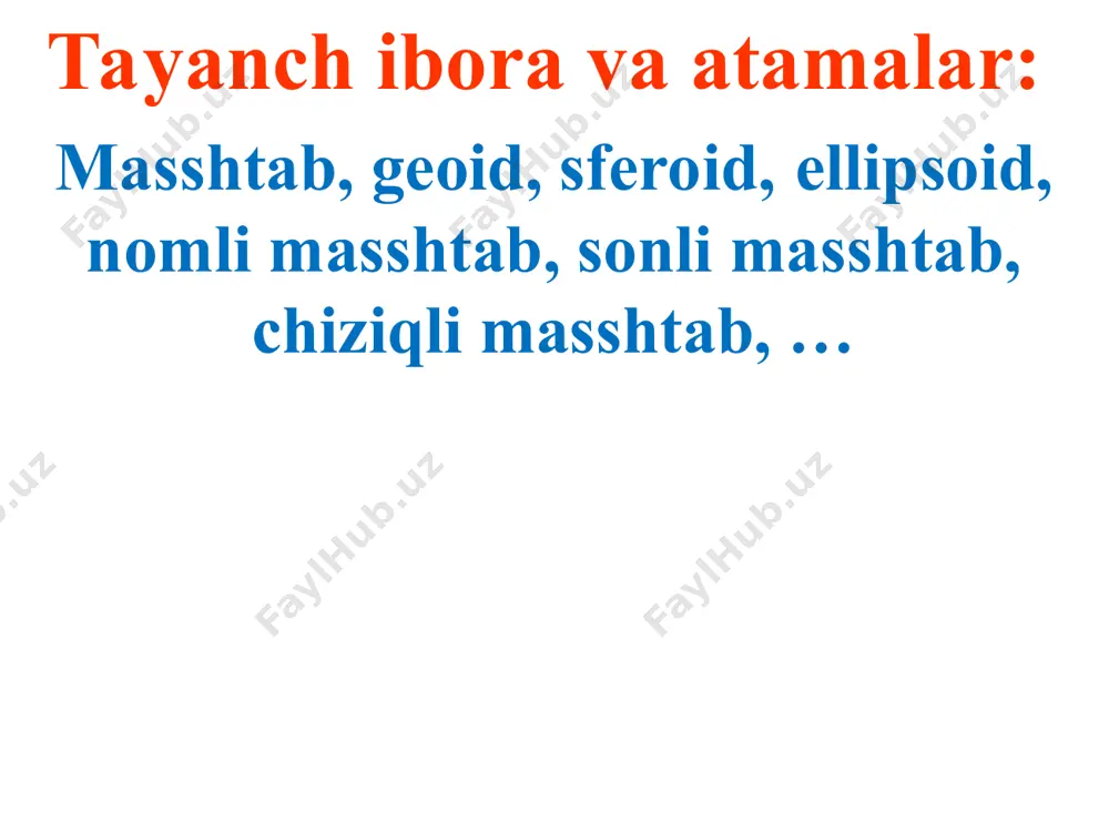 2 nuqta orasidagi uzunlik (mm hisobida) berilgan bo’lsa, uning joydagi uzunligini aniqlash. № masshtab kartada (plandagi uzunlik) mm hisobida yer yuzasida uzunlik 1 1:10000 54.7 2 1:25000 28.5 3 1:5000 17 85 m 4 1:5000 85 5 1:1000 43 3-topshiriq. kartaning masshtabini aniqlash. № karta(plan) dagi 2 nuqta orasidagi uzunlik, mm hisobida yer yuzasida o’lchangan uzunlik, m hisobida karta(plan) ning masshtab 1 30 150 1:5000 2 40 400 3 128 1280 4 112 1220 5 168 1680 3-topshiriq. kartaning masshtabini aniqlash. № karta(plan) dagi 2 nuqta orasidagi uzunlik, mm hisobida yer yuzasida o’lchangan uzunlik, m hisobida karta(plan) ning masshtab 1 48 1200 2 45 450 3 32 320 4 15 375 5 20 500 m= s sα