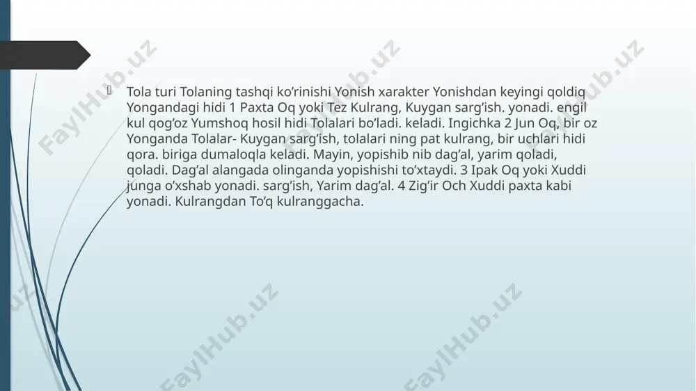 ligi va yonishdagi holatlari o’rganiladi. kul bilan ushlab ko’rib qattiq va yumshoqligini, mustahkamligi, cho’ziluvchanligi, issiq va sovuqligi o’rganiladi. kimyoviy tolalar yakka va tabiiy tolalar bilan aralashma holda yoki kimyoviy tolalar bir-biri bilan aralashtirib ishlatilishi mumkin. har bir komponent aralashma maxsulotda o’ziga xos xossaga egadir, shuning uchun ko’zlangan xossani hosil qilishda aralashmadagi tolalar mikdorini nazorat qilib turish muhim ahamiyatga ega. aralash tolalarni aniqlashda bir necha usullar mavjuddir. eng oddiy va asosiy usullardan biri tolalarni organoleptik va laboratoriya usullarida ajratishdir. tolani tashki kurinishini, yonish xarakterini turli xil reaktivlarda erishi yoki buyalishi orkali aralashmadan tolalar turi aniklanadi. tashki kurinishi tolani buylamasini va kundalang kesimi mikraskop orkali aniklanadi. jun, paxta, viskoza va boshka tolalarni xatoliksiz aniqlash mumkin. 9 bir-biriga (kapron, lafsan, miss ammiak va bosh.) kushimcha tekshirishni talab etadi. /docprops/thumbnail.jpeg