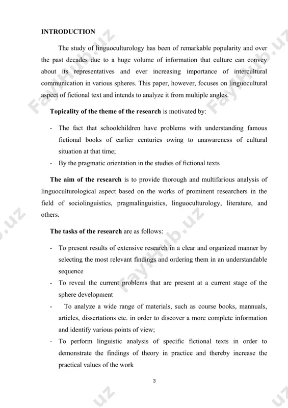 the research are as follows: 1) method of authentic material analysis 2) method of course book analysis 3) method of scientific experiment 4) method of linguistic description 5) method of linguistic statistic analysis the structure of the research paper the introduction describes the general overview of the connection between fictional texts and linguoculture as well as its importance chapter one presents the theoretical overview of the terms text and fictional text their similarities and differences and vital aspects of linguocuturology. it also discusses the connection of linguoculturology with both fictional text and other types. chapter two discusses the importance essential points of phraseology and its importance in conveying the cultural information, especially that rooted in associations, in fictional texts. it then outlines the connection of world picture with the fictional text. finally, the vital role of linguoculturemes in fictional texts is demonstrated. conclusion presents an informative summary of all the …
