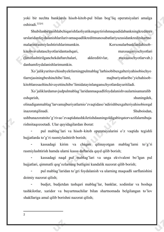 asmiylashtirilgan hujjatlar (to’lov qaydnomai, pul berish to’g’risida ariza, schyotlar va b.) bo’yicha beriladi. kassadan pul rahbar va bosh buxgalter yoki ular vakolat bergan shaxslar tomonidan imzolangan hujjatlar bo’yicha beriladi. agar kassa chiqim orderlariga ilova qilinadigan pul berish to’g’risidagi hujjatlarda rahbarning imzosi bo’lsa, kassa chiqim orderlariga imzo qo’yish shart emas. kirim kassa orderlari, uning kvitansiyalari va kassa chiqim orderlari buxgalter tomonidan aniq qilib yoziladi. bu hujjatlarda xech qanday o’chirish yoki to’g’rilashga ham yo’l qo’yilmaydi. korxonada ishlamaydigan shaxslarga pul berishda ularning shaxslarini tasdiqlovchi pasport yoki boshqa hujjat talab qilinadi, kassa chiqim orderning pul olganligi to’g’risida imzo qo’yiladigan joyida taqdim etilgan hujjatning ma’lumotlari ko’rsatiladi. ish haqi va unga tenglashtirilgan mablag’lar uchun naqd pul bankdagi hisob-kitob schyotidan pul chek daftarchasiga asosan olinadi. pul chek daftarchasi hisob-kitob schyotidan unda ko’rsatilgan naqd pulni berish to’g’risida korxonaning bankka bergan buyrug’i bo’lib hisoblanadi. ish haqi, pensiya nafaqa, mukofotlar to’langanda har bir oluvchiga kassa chiqim orderi tuzilmasdan to’lov qaydnomai …