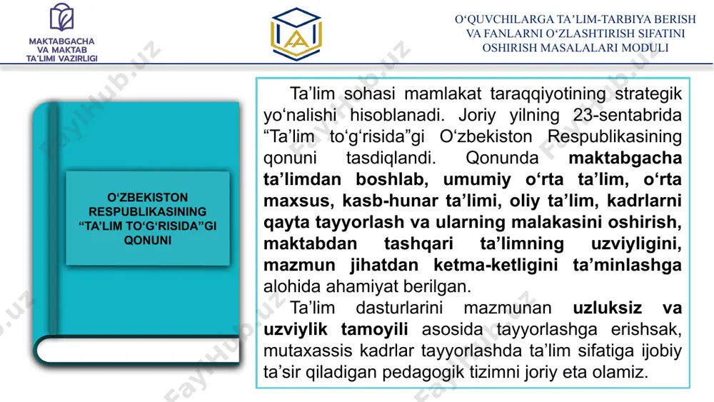 ish bo‘yicha milliy dasturni tasdiqlash to‘g‘risida” pf-134-son qarorida rivojlantirish bo‘yicha milliy dasturining asosiy yo‘nalishlaridan biri o‘quvchilarning bo‘sh vaqtlarini mazmunli tashkil etish, ularni kasblarga yo‘naltirish tizimini takomillashtirishdir. respublika bo‘yicha 14 ta “barkamol avlod” bolalar maktablarida “zamonaviy kasblar” laboratoriyasini tashkil etish va to‘garak rahbarlarini o‘qitish. o‘quvchilarning qiziqishi va qobiliyatlarini aniqlash bo‘yicha yagona elektron platforma yaratish hamda har bir 5-11-sinf o‘quvchisi uchun elektron “ish daftari”ni joriy etish. o‘quvchilarni “bir million dasturchi” loyihasiga keng jalb qilish etish orqali ularni zamonaviy kasblarga yo‘naltirish. 1 jumladan, oʻquvchilarga taʼlim-tarbiya berish va fanlarni oʻzlashtirish sifatini oshirish masalalari moduli 2024-yil 2-fevral, pq-53-son umumiy o‘rta ta’lim muassasalari o‘quvchilarini xorijiy til va zamonaviy kasblarga o‘qitish bo‘yicha qo‘shimcha chora-tadbirlar to‘g‘risida 2024/2025 o‘quv yilidan boshlab bosqichma-bosqich tajriba-sinov tariqasida “fanlarni chuqurlashtirib o‘qitish” yo‘nalishi doirasida — o‘quv jarayonini tashkil etishda asosiy e’tiborni aniq, tabiiy yoki xorijiy til fanlariga qaratish; “biznes va kasb-hunarga o‘qitish” yo‘nalishi doirasida — o‘quvchilarni ishchi yoki raqamli texnologiyalarga oid kasblarga o‘qitish. o‘quvchilarni …