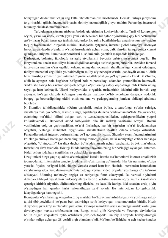 korolenko va t. a. donskix o‘yinbozlik alomatlarini shunday tasniflashgan: 1. o‘smirning o‘yinda o‘tkazayotgan vaqti miqdorining oshib borishi 2. oldingi odatlar, qiziqishlar doirasi torayib, o‘yin haqida ko‘proq o‘ylashi; 3. yutsa ham, yutqizsa ham o‘yindan chiqa olmasligi; 4. o‘yin boshlanishini orziqib kutish, o‘yinsiz qolganda bezovta bo‘lib, asabiylashish; 5. tobora ko‘proq o‘ynash istagi, o‘yinga tobora ko‘proq narsa tika borish 6. o‘yindan o‘zini to‘xtata olmay qolishi. «bo‘ldi, o‘yinni tashladim», – deydi, biroq oldin birga o‘ynagan sheriklarini ko‘rsa, o‘yin haqida gap ochilsa, o‘yingohning yonidan o‘tayotganda qaroridan tez aynib qoladi; 7. ota-onasidan o‘yinga pul olish uchun yolg‘on gapirishi, o‘g‘irlik qilishi; 8. oila a’zolaridan, shifokorlardan va boshqalardan o‘zining o‘ta o‘yinparastligini yashirib, yolg‘on gapirishi kabilar o‘smirning o‘yinparastligidan dalolat beradi». ko‘rinib turibdiki, o‘smirlik davrida tarbiyaga jiddiy yondashmaslik, farzandning xatti-haraktlariga nisbatan befarqlik natijasida ko‘pchilik hollarda farzandni qo‘ldan chiqarish mumkin. zero, «o‘yinbozlik»ning oqibati yoki turli informatsion o‘yinlarga mukkasidan ketish natijasida nafaqat mutaassiblik, balki turli xil kasalliklarning kelib chiqishi ham kuzatilyapti. ya’ni …