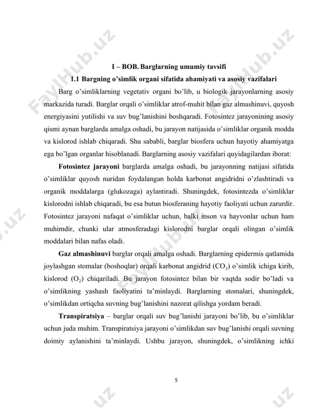 ma qilib rivojlantirgan, bu o’zgarishlar suvni tejash yoki yirtqichlardan himoya qilish uchun xizmat qiladi. shu tarzda, barglarning morfologik va anatomik xususiyatlari o’simlikning yashash sharoitlariga, ekologik muhitga moslashuvchanligini ta’minlaydi. barglar o’simliklarning o’zgaruvchan sharoitlarda hayotiyligini saqlashga yordam beradigan mukammal mexanizmdir. himoya vazifalari. barglar o’simlikning himoya mexanizmlarida ham muhim rol o’ynaydi. ular tashqi muhitdan keladigan zararli omillardan (masalan, yirtqichlardan, kasalliklardan, ortiqcha qizib ketishdan) himoya qilishda ishtirok etadi: · mexanik himoya – ba’zi o’simliklarda barglar qattiq, tikanli yoki ko’rshapalak shaklida bo’lib, yirtqichlardan himoya qiladi. · kimyoviy himoya – ba’zi barglar toksik moddalarga ega bo’lib, ular o’simlikni yirtqichlar yoki zararli organizmlardan himoya qiladi. masalan, barglarda zaharli moddalar, faytontsidlar yoki aromatik birikmalar mavjud bo’lishi mumkin, bu esa hayvonlarni o’simlikdan uzoq tutadi. oziqlanish va o’sish uchun moddalarning ishlab chiqarilishi va taqsimlanishi barglar fotosintez jarayonida ishlab chiqarilgan organik moddalarni (masalan, glukoza) o’simlikning boshqa qismlariga (ildizlar, poyalar) taqsimlashda ishtirok etadi. ushbu organik moddalar o’simlikning o’sishi, mevalarni shakllantirish, yangi barglar …