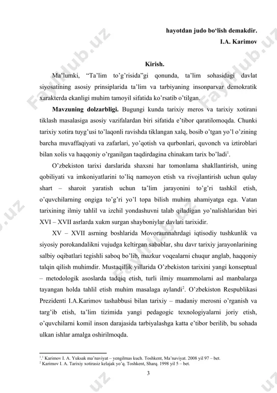 dan biri xvi – xvii asrlarda xukm surgan shayboniylar davlati tarixidir. xv – xvii asrning boshlarida movoraunnahrdagi iqtisodiy tushkunlik va siyosiy porokandalikni vujudga keltirgan sabablar, shu davr tarixiy jarayonlarining salbiy oqibatlari tegishli saboq bo’lib, mazkur voqealarni chuqur anglab, haqqoniy talqin qilish muhimdir. mustaqillik yillarida o’zbekiston tarixini yangi konseptual – metodologik asoslarda tadqiq etish, turli ilmiy muammolarni asl manbalarga tayangan holda tahlil etish muhim masalaga aylandi2. o’zbekiston respublikasi prezidenti i.a.karimov tashabbusi bilan tarixiy – madaniy merosni o’rganish va targ’ib etish, ta’lim tizimida yangi pedagogic texnologiyalarni joriy etish, o’quvchilarni komil inson darajasida tarbiyalashga katta e’tibor berilib, bu sohada ulkan ishlar amalga oshirilmoqda. mustaqillik bebaho xazinadir. bizni 1917-yildan beri bearmon talab va tahqirlab kelgan “qizil imperiya” chilparchin bo‘ldi. o‘zbekiston respublikasi ham boshqa yurtlar qatori o‘zining mustaqillik va istiqlolga erishdi. milliy istiqlol o‘zbek xalqining asriy orzusi edi, armoni edi. bu yo‘lda ming-minglab vatan, yurt fidoiylari aziz jonlarini qurbon qildilar. milliy mustaqillikning qo‘lga kiritilishi bizlar …