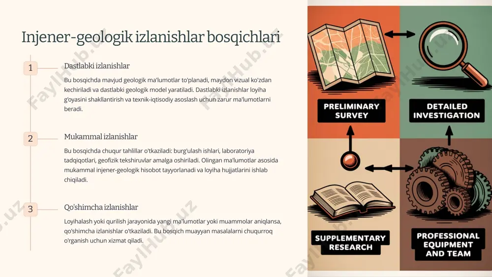 muhim hisoblanadi. laboratoriya tadqiqotlari olingan namunalar maxsus geologik laboratoriyalarda o'rganiladi. ularning fizik-mexanik xususiyatlari, mineralogik-petrografik tarkibi aniqlanadi. bu ma'lumotlar inshootlarning poydevorini loyihalash uchun asos bo'lib xizmat qiladi. 5 geofizik tadqiqotlar elektr zondlash elektr zondlash usulida tuproq va jinslarning elektr qarshiligini o'lchash orqali ularning tarkibi va xususiyatlari o'rganiladi. bu usul yordamida yer osti suv qatlamlari, qattiq jinslar chegaralari va boshqa anomaliyalarni aniqlash mumkin. elektr zondlash natijasi bo'yicha geologik kesimning elektrik modeli tuziladi. seysmik zondlash seysmik zondlash sun'iy seysmik to'lqinlar yaratish va ularning tarqalishini o'rganishga asoslangan. bu usul yordamida grunt qatlamlarining elastiklik xususiyatlari, zichligi va boshqa parametrlari aniqlanadi. seysmik zondlash ayniqsa chuqur qatlamlarni o'rganishda samarali hisoblanadi. georadar tekshiruvi georadar tekshiruvi radio to'lqinlarning yer ostiga yuborilishi va ularning aks etishini qayd qilishga asoslangan. bu usul yordamida yer ostidagi ob'ektlar, kommunikatsiyalar, bo'shliqlar va boshqa anomaliyalar aniqlanadi. georadar yuqori aniqlikdagi ma'lumotlarni olish imkonini beradi. 6 gruntlarning fizik-mexanik xossalarini o'rganish zichlik va namlik gruntlarning zichligi va namligi …