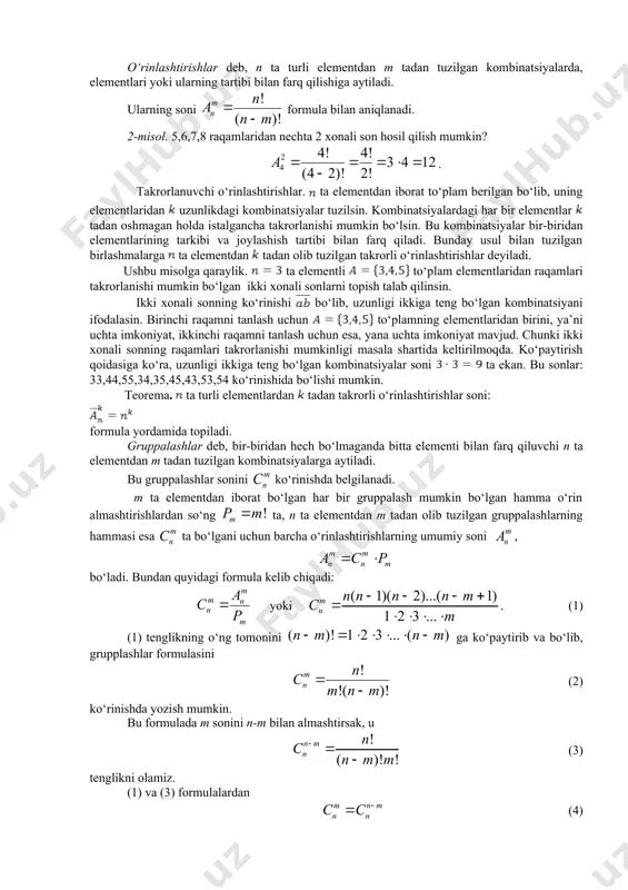 tsiyada ishtirok etishlar soni. takrorsiz o‘rin almashtirishlar formulasi (1) formulaning bo‘lgandagi xususiy holi. o‘rinlashtirishlar deb, n ta turli elementdan m tadan tuzilgan kombinatsiyalarda, elementlari yoki ularning tartibi bilan farq qilishiga aytiladi. ularning soni formula bilan aniqlanadi. 2-misol. 5,6,7,8 raqamlaridan nechta 2 хonali son hosil qilish mumkin? . takrorlanuvchi o‘rinlashtirishlar. ta elementdan iborat to‘plam berilgan bo‘lib, uning elementlaridan uzunlikdagi kombinat​siyalar tuzilsin. kombinatsiyalardagi har bir elementlar tadan oshma​gan holda istalgancha takrorlanishi mumkin bo‘lsin. bu kombinatsiyalar bir-biridan elementlarining tarkibi va joylashish tartibi bilan farq qiladi. bunday usul bilan tuzilgan birlashmalarga ta elementdan tadan olib tuzilgan takrorli o‘rinlashtirishlar deyiladi. ushbu misolga qaraylik. ta elementli to‘plam elementlaridan raqamlari takrorlanishi mumkin bo‘lgan ikki xonali sonlarni topish talab qilinsin. ikki xonali sonning ko‘rinishi bo‘lib, uzunligi ikkiga teng bo‘lgan kombinatsiyani ifodalasin. birinchi raqamni tanlash uchun to‘plamning elementlaridan birini, ya’ni uchta imkoniyat, ikkinchi raqamni tanlash uchun esa, yana uchta imkoniyat mavjud. chunki ikki xonali sonning raqamlari takrorlanishi mumkinligi masala …