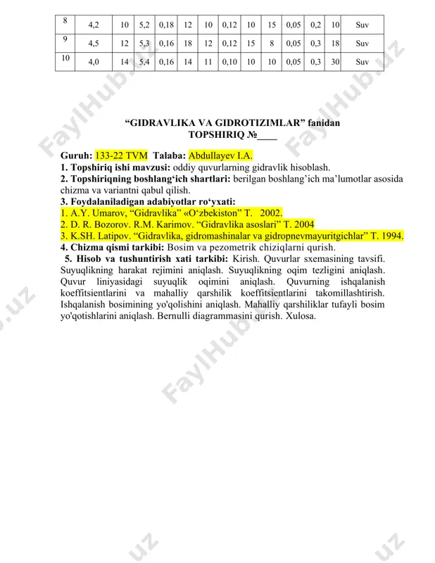 jimini aniqlash. suyuqlikning oqim tezligini aniqlash. quvur liniyasidagi suyuqlik oqimini aniqlash. quvurning ishqalanish koeffitsientlarini va mahalliy qarshilik koeffitsientlarini takomillashtirish. ishqalanish bosimining yo'qolishini aniqlash. mahalliy qarshiliklar tufayli bosim yo'qotishlarini aniqlash. bernulli diagrammasini qurish. xulosa. oddiy quvurlarning gidravlik hisobi chizma-3 variantlar № pm h0 h d l1 l2 d l1 l2 dv r t suyuqlik kg/sm2 m m m m m m m m m m c 1. 5,0 10 4,0 0,10 10 5 0,20 20 10 0,08 0,2 20 suv 2. 4,5 12 4,1 0,15 8 5 0,20 15 10 0,10 0,2 20 kerosin 3. 5,5 6 5,2 0,10 12 3 0,18 18 12 0,10 0,,2 15 benzin 4. 4,0 7 5,3 0,10 7 7 0,15 10 18 0,06 0,3 25 suv 5. 3,5 14 5,4 0,12 6 10 0,18 14 14 0,06 0,3 15 suv 6. 4,2 12 5,0 0,12 8 12 0,15 12 10 0,06 0,3 20 kerosin 7. …