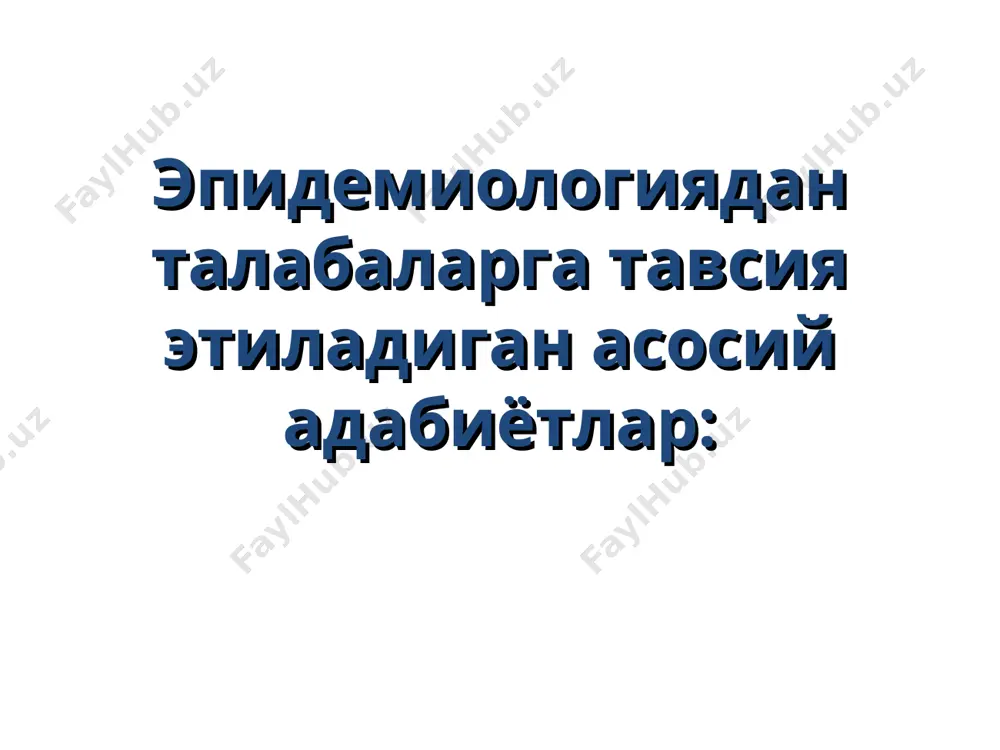 vlovskiylarning epidemiologiya soxasidagi maktablarning paydo bulishi xozirgi davr chet ellarda, sobik ittifokda epidemiologiyaning umumtibbiyot fan sifatida paydo bulishi (tibbiyot muammolarini populyatsiya darajasida urganish). samoregulyatsiya – uz-uzini boshkarish nazariyasi asosida epidemiologiya – epidemik jarayon xakidagi fan sifatida yanada rivojlanishi. dunyoning kupgina mamlakatlarida epidemiologiya kafedralarining paydo bulishi. epidemiologiyaning rivojlanishiga katta xissa kushgan buyuk olimlar: 1.gippokrat ( 7 knig ob epidemiyax) 2. avitsenna (980-1037)- 4 toma kanon meditsini z.frakastro (1478-1553)- kontagionisticheskaya gipoteza 4.eduard djenner 5.3abolotniy d.k. (1866-1929) – kafedra epidemiologiya b.gromashevskiy l.v. (1887-1980) - ep 7.bashenin v.a. (1882-1978) 8.pavlovskiy e.n. (1884-1969) teoriya prirodnoy ochagovosti 9.belyakov v.d. (1921-1997) teoriya samoregulyatsii ep 10.yafaev r.x. (1930-2008) sil 11.pokrovskiy v.i. (1929) 12.cherkasskiy b.l. (1934) 1 kaf mudiri uz. 13. xodukin n.i. 14. soshnikova m.n. (1908-2000) 15. musabaev i.k. (1910-2003) vabo 16. daminov t.a. gepatitlar 17. usmanov m.k. uzbek adabieti, meningokokk infektsiyalar 18. sharipov m.k. (1927-2006) oshkozon ichak infektsiyalar 19. niyazmatov b.i. (1938-2011) difteriya, kizamik 20. xodjaev sh.x. …