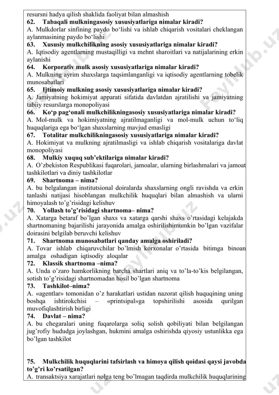 miyatchiliklar 49. transaktsiya xarajatlarini "qonunga bo‘ysunish bahosi" deya kim tahriflaydi? a. de soto ushbu xarajatlarni «qonunga bo‘ysunish bahosi», deya tahriflaydi 50. xufyonalik – nima? a. bu shaxslarning kundalik faoliyatni tashkil qilishda mavjud huquq (qonun) normalaridan foydalanishdan bo‘yin tovlashidan iborat 51. xufyona iqtisodiyot – nima? a. bu iqtisodiy faoliyat qonun doirasidan tashqarida amalga oshiriladigan soha 52. norasmiy iqtisodiyot – nima? a. mulkchilik munosabatlarini, litsenziyalashni, mehnat shartnomalarini tartibga soluvchi qonunlar va ma’muriy qoidalar bilan belgilangan huquqlarni buzgan holati 53. sohta iqtisodiyot– nima? a. xarajatlarni pasaytirish maqsadida tovarlar va xizmatlarning qayd etilmagan tarzda ishlab chiqarilishi o‘rin tutadi 54. xufyona iqtisodiyot o‘lchamlarini baholashda monetar usul: a. bu xufyona hisob-kitoblarda faqat naqd mablag‘lardan foydalanilishi to‘g‘risidagi gipotezaga asosida quriladi qori darajasi 55. xufyona iqtisodiyot o‘lchamlarini baholashda sotsiologik usul: a. bu xufyona bitimlar amalga oshiriladigan alohida me’yorlarni, ularning jamiyatda tarqalganligini, bitimlarni tuzishda qanchalik qo‘llanishini tahlil qilishdan iborat 56. klassik yo‘nalish yondashuvi bo‘yicha mulkchilikning asosiy belgilari qanday talqinga …