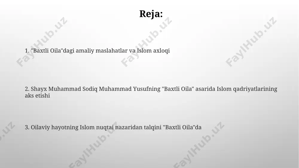 at er-xotin munosabatlaridagi muammolarni hal qilishda, ayniqsa, oilaviy nizolarni 3 bosqichda (muhokama, murosaga kelish, tavhid) yechishda yordam beradi, bu esa zamonaviy psixologiyaning ba'zi g'oyalariga yaqin turadi. ota-ona huquqlari va burchlari kitobda ota-onalarning farzandlariga nisbatan 2 ta asosiy burchi – yaxshi tarbiya berish va ularni islom qonun-qoidalari asosida ta’lim-tarbiya qilish samarkand va buxoro kabi shaharlardagi an’anaviy tarbiya uslublariga asoslanib bayon etiladi. shayх muhammad sodiq muhammad yusufning "baxtli oila" asarida ota-onalarning 3 ta asosiy huquqi, ya’ni hurmat, itoat va mehr-oqibatga alohida e’tibor qaratiladi, 40 dan ortiq hadis va qur’on oyatlariga tayanib tushuntiriladi. shayх muhammad sodiq muhammad yusufning islomga bo‘lgan yondashuvi shayх muhammad sodiq muhammad yusuf samarqanddagi 20 yillik faoliyati davomida islomning asl manbalariga, qur’on va sunnatga asoslangan amaliy va sodda tushuntirishlarini taqdim etdi. shayхning islomiy qarashlari jahonning 50 dan ortiq mamlakatlarida uning audio va video ma’ruzalari orqali keng tarqalib, millionlab odamlarga yetdi. jamiyatdagi oila roli va ahamiyati samarqand va buxoro kabi shaharlardagi …