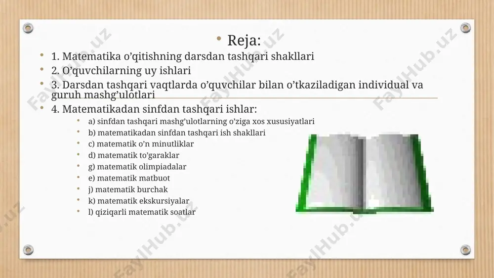 - iqtidorli va qobilyatli bolalarni aniqlash va ularni yanada o’sishiga yordam berish; - matematika faniga qiziqishini shakllantirish; - o’quvchilarni intizomli bo’lishga, mehnatga mehr qo’yishga, jamoa bilan ishlay olish ko’nikmalarini tarkib toptirishga, ularda umuminsoniy fazilatlarini shakllantirishga oid tarbiyaviy ishlarni amalga oshirish. o’quv ishlarini tashkil etishda darsdan tashqari shakllari mustaqil uy ishlari fakultativ mashg’u- lotlar o’quvchilar bilan yakka va guruh mashg’ulotlari o’quvchilar bilan ishlab chiqarishga, tabiatga ekskursiyalar uy ishlari bu- o’quvchilarni darsdan tashqari vaqtlarda mustaqil, individual ishlashlarini tashkil qilish shakllaridan biri uy ishlarini tashkil etish natijasida bolalarda quyidagi xislatlar shakllanadi shaxsni xafsalaligi mehnatsevarligi uyushqoqligi intizomliligi mas’ulyatliligi o’z o’zini nazorat qilishi uy ishlarini tashkil qilishda quydagi talablar asosida bo’lishi lozim uyga beriladigan vazifalar o’quvchilarning bilimlariga mos kelishi kerak uy vazifalari va unga sarflaydigan vaqt meyor darajasida bo’lishi kerak uy vazifalarini bajarish bo’yicha ko`rsatma bo’lishi kerak uy vazifalarini tizimli ravishda berib borish kerak o’quvchilar muntazam uy ishlarini bajarishlari shart hamma o’quvchi o’z imkoniyatiga qarab …