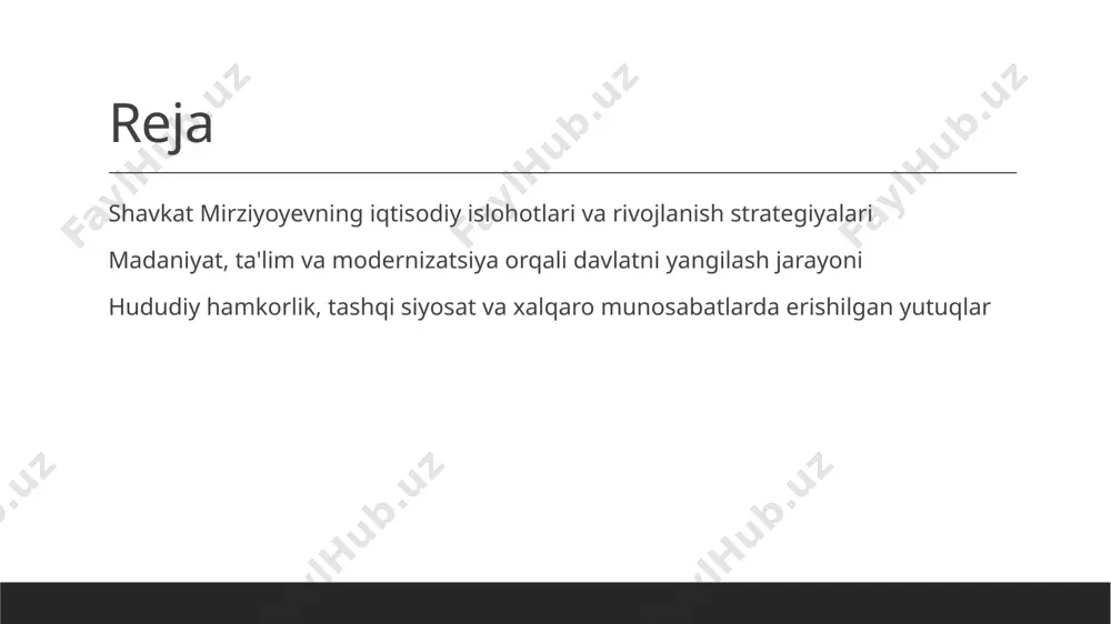 i saqlash, ta’lim va ijtimoiy yordam tizimi mustahkamlandi, tenglik va imkoniyatlar kengaytirildi. qishloq va shahar rivojlanishi qishloq joylarida infratuzilma va iqtisodiy imkoniyatlar oshirildi. shaharlar va qishloqlar o‘rtasidagi farqlar kamayib, keng qamrovli rivojlanish ta’minlandi. madaniyat va ta'lim orqali milliy identitetni mustahkamlash jarayoni 1 milliy madaniyatni rivojlantirish o'zbekiston milliy madaniyatini saqlash va rivojlantirish uchun tarixiy meros, an'analar va milliy urf-odatlarni ta’lim va san’at orqali yoyish muhimdir. 2 ta'lim siyosati va identitet ta'lim tizimida milliy qadriyatlar va tarixiy bilimlarni o‘rgatish, yosh avlodda milliy ongni shakllantirish va mustahkamlashga xizmat qiladi. 3 madaniyat va yoshlar madaniyat va ta'lim orqali yoshlarni milliy identitetga bog‘lash, ularni milliy g‘urur va vatanparvarlik ruhida tarbiyalash asosiy vazifadir. modernizatsiya va texnologik rivojlanishning ta'lim va madaniyatdagi o'rni 01 raqamli transformatsiya ta'lim va madaniyat sohalarida raqamli texnologiyalar yordamida o‘quv jarayonlari modernizatsiya qilinmoqda, masalan, onlayn ta'lim platformalari va virtual muhitlar. 02 innovatsion ta'lim zamonaviy texnologiyalar yordamida, interaktiv darslar va ilg‘or pedagogik usullar joriy etilmoqda, …