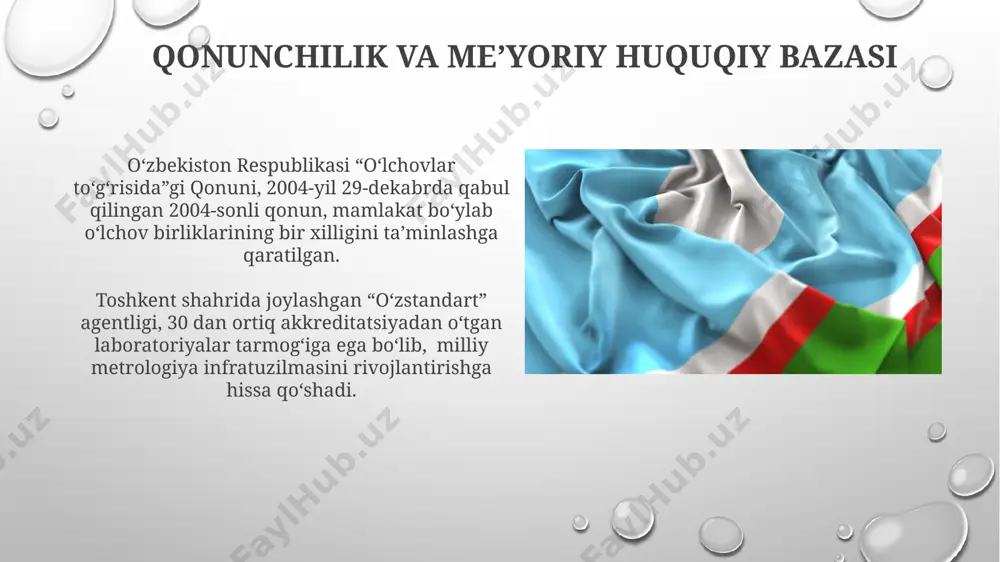 ш ва малакали мутахассислар сонини 15%га ошириш режалаштирилган. oʻlchov asboblari tekshiruvi va kalibrlanishi oʻlchov asboblari tekshiruvi va kalibrlanishi jarayoni iso 17025 xalqaro standartiga muvofiq amalga oshirilib, natijalar milliy va xalqaro miqyosda tan olinadi, bu esa 10% ga yaqin aniqlik xatoligini kamaytirishga imkon beradi. oʻlchov asboblari tekshiruvi va kalibrlanishi boʻyicha oʻzbekiston metrologiya xizmati toshkent, samarqand va andijon shaharlarida 150 dan ortiq turdagi oʻlchov asboblarini tekshiruv va kalibrlash xizmatlarini taqdim etadi. xalqaro hamkorlik халқаро ҳамкорлик доирасида ўзбекистон 20 дан ортиқ давлат билан метрология соҳасидаги ўзаро англашув меморандумларини имзолаган бўлиб, бундай ҳамкорликнинг асосий йўналишлари стандартлаштириш ва сифат назоратига қаратилган. ўзбекистон миллий метрология институти 2023 йилда германиянинг ptb (physikalisch-technische bundesanstalt) институти билан ўлчов асбоб-ускуналарини калибровкалаш бўйича ҳамкорликни янада кенгайтириш бўйича 5 та лойиҳани амалга оширди. metrologik ta’minot tizimi tizim 200 dan ziyod turdagi o‘lchov asbob-uskunalari va standartlarini kalibrlash va sertifikatlash xizmatlarini taklif etadi, shu jumladan, samarqanddagi markaziy laboratoriya. metrologik ta’minot tizimi, 2023 yilda, milliy …