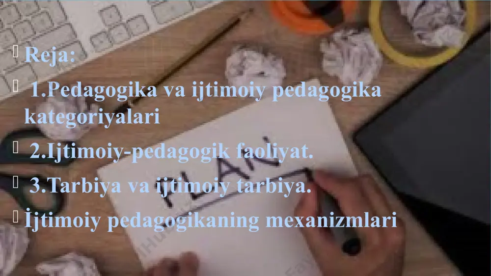 yiladi. ijtimoiy pedagogikaning asosiy kategoriyalaridan biri bo`lgan ijtimoiy ta'lim kategoriyasi ikki tomonlama xususiyatga ega. birinchidan, ijtimoiy ta'lim-bu bolaning ijtimoiylashuviga yordam beruvchi ijtimoiy bilim, ko`nikma va malakalarni shakllantirish jarayonidir. ikkinchidan, ijtimoiy ta'lim-bu ijtimoiy sohada ishlash uchun maxsus tayyorgarlik ko`rish jarayonidir. ijtimoiy-pedagogik faoliyatning asosiy yo`nalishlari qo`yidagilar hisoblanadi dezadaptatsiyaga uchragan bolalarni profilaktika qilish ijtimoiy me'yorlardan chekingan (o`qish) bolalarni ijtimoiy reabilitatsiya qilish bu ishlar ikki shaklda amalga oshiriladi: 1.bevosita bolaning o`zi bilan olib boriladigan ishlar. 2.bolaning ijtimoiy muhit bilan aloqasida vositachilik qilishi. bolaning ijtimoilashuvi nimaga kerak ? ijtimoiylashuv jarayonida bola jamiyat, ijtimoiy munosabatlar, ijtimoiy xulk.-atvorning me’yor va qoidalari haqidagi turli bilimlarni, jamiyatga ko`nikishiga yordam beruvchi turli ko`nikma va malakalarni o’zlashtiradi. bu jarayon, ayniqsa, bolalikda juda jadal sur’atlar bilan amalga oshadi. ma’lumki, bola besh yoshgacha uning keyingi hayotida o`z aksini topuvchi nihoyatda ko`p bilimlarni oladi. bu bilimlarni bola ijtimoiy ta’limdan oladi. ijtimoiy tarbiya esa bolaning ijtimoiylashuviga qaratilgan ijtimoiy ahamiyatga molik fazilatlarni shakllantirish jarayonidir. ijtimoiy tarbiya …