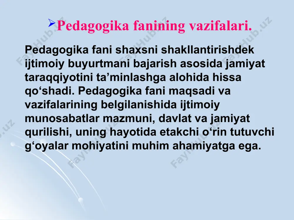 xs ma’naviyatini shakllantirish, unda eng oliy insoniy sifatlar, axloqiy ong va ma’naviy-axloqiy madaniyatni tarbiyalashda muhim o‘rin tutuvchi nazariy g‘oyalarni pedagogik jarayonga tatbiq etishda alohida o‘rin tutadi. 5. estetika – shaxs tomonidan go‘zallikning his etilishi, unga intilishi, shuningdek, unda estetik didni tarbiyalashda muhim yo‘nalishlarni aniqlashga xizmat qiladi. 6. fiziologiya- o‘quv-tarbiya jarayonida bolalarning fiziologik, anatomik xususiyatlarini inobatga olinishi uchun boshlang‘ich asoslarni beradi. 7. gigiena – o‘quvchilarning salomatligini muhofazalash, ularning jinsiy jihatdan to‘g‘ri shakllantirishda nazariy va amaliy g‘oyalari bilan yordam beradi. 8. psixologiya – shaxsda ma’naviy-axloqiy, ruhiy-intellektual, hissiy-irodaviy sifatlarni tarkib toptirish uchun zamin yaratadi. 9. tarix – pedagogika fani taraqqiyoti, ta’lim-tarbiya jarayonlarining dinamik, dialektik xususiyatlarini inobatga olish, shuningdek, halq pedagogikasi g‘oyalarini kelgusi avlodga uzatish uchun yo‘naltiriladi. 10. madaniyatshunoslik – o‘quvchilarda insoniyat tomonidan yaratilgan moddiy va ma’naviy madaniyat asoslari haqidagi tasavvurni shakllantirish, ularda madaniy xulq-atvor xislatlarini tarkib toptirish uchun xizmat qiladi. 11. tibbiy fanlar – shaxsning fiziologik-anatomik jihatidan to‘g‘ri rivojlanishini ta’minlash, uning organizmida namoyon …