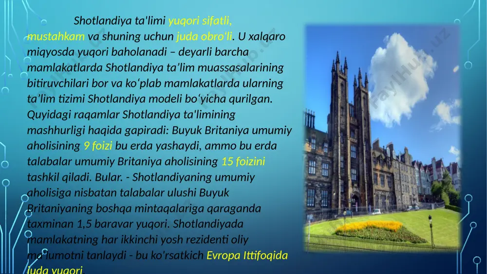 tabgacha ta'lim muassasasiga yuborishadi (maktabga tayyorgarlik bosqichi - bizning bolalar bog'chamiz kabi). bu erda ular chizish, raqsga tushish, qo'shiq aytish, o'qish, yozish va hisoblashni o'rgatadi. 5 yoshdan 12 yoshgacha - boshlang'ich maktabda ta'lim. bu erda ular o'qish, yozish, arifmetikani o'rganishni davom ettiradilar, ular informatika, tabiiy tarix, san'at asoslarini o'rganishni boshlaydilar, axloq va dinni ham o'rganishadi. 12 yoshdan boshlab va 15 yoshgacha - o'rta maktabda o'qiyotgan sce imtihoni shotlandiyaning o'rta ma'lumot to'g'risidagi guvohnomasidir, shundan so'ng talabalar o'tishlari kerak. ushbu sertifikat bizning sertifikatimizga va ingliz tili gcse (o'rta ta'limning umumiy sertifikati - umumiy ta'limning asosiy sertifikati) ga mos keladi. shotlandiyada o'rta ta'lim o'rta maktabda 12 yoshdan 16 yoki 18 yoshgacha bo'lgan bolalar o'qiydilar. har bir kishi, istisnosiz, dastlabki 4 yil davomida darslarga qatnashishi shart. yakuniy sertifikatlash angliyada qabul qilingan gcse ga o'xshash standart sinf imtihonini topshirish orqali amalga oshiriladi. shundan so'ng talaba o'rta ma'lumot to'g'risidagi guvohnoma oladi va mustaqil ravishda o'zining kelajakdagi …