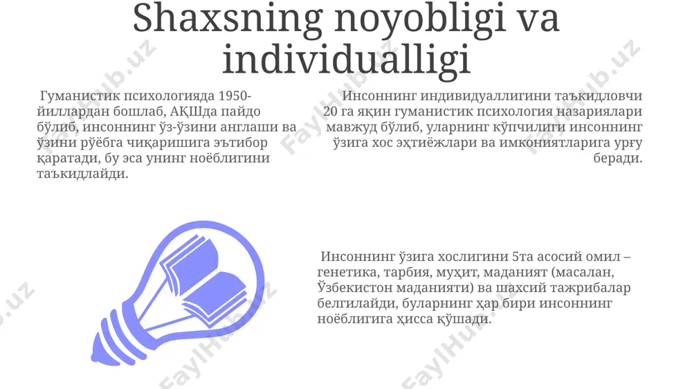 'ziga bo'lgan hurmatini va potentsialini rivojlantirishga urg'u beradi. abraham maslow va karl rogers kabi taniqli psixologlarning 50 dan ortiq ilmiy ishlari insonparvar psixologiyaning evropa va osiyo davlatlarida keng qo'llanilishini asoslaydi. insonparvar psixologiyaning asosiy tamoyillaridan biri - 1950-yillarda aqshda paydo bo'lgan bu yondashuv, insonni o'z-o'zini anglash va o'z-o'zini amalga oshirishga intiluvchi mavjudot sifatida ko'radi. mas'uliyat va erkinlik insonning mas’uliyati 3 ta asosiy komponentga, ya’ni oʻz xatti-harakatlariga javobgarlik, oʻz tanlovlariga egalik va boshqalarga nisbatan mehr-shafqat hissiyotlariga boʻlinadi, bu esa 20-asrning oxiri va 21-asr boshlarida, ayniqsa, g’arbiy evropada keng oʻrganilgan. erkinlik tushunchasi individualizmning yuksalishi bilan chambarchas bogʻliq boʻlib, 18-asrda, fransiya inqilobidan keyin, shaxsiy erkinlik va huquqlarning ahamiyati tobora ortib bordi. mas’uliyat va erkinlik oʻrtasidagi munosabatlarni oʻrganishda ekzistensializmning ta’siri sezilarli boʻlib, ayniqsa, 1940-yillardagi ekzistensial psixologiya maktabi tomonidan ushbu tushunchalar chuqur tahlil qilingan. shaxsning ierarxik ehtiyojlari maslouning ehtiyojlar ierarxiyasi 5 bosqichdan iborat boʻlib, fiziologik ehtiyojlar (ovqat, suv) 1-bosqichda, oʻz-oʻzini anglash esa 5-bosqichda joylashgan, bu aqshda …