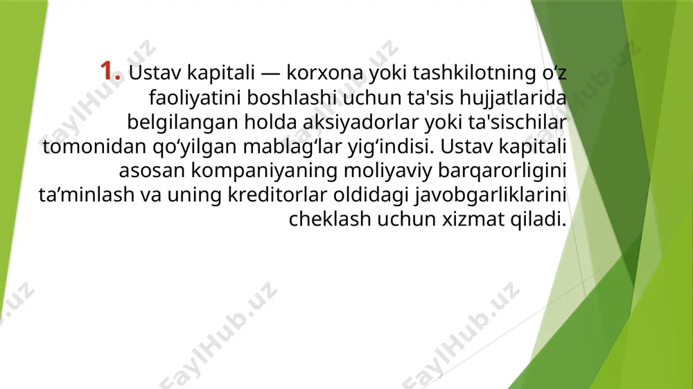 iga ko‘ra, ustav kapitalini shakllantirish jarayonidagi kamchiliklarni bartaraf etish bo‘yicha tavsiyalar beriladi. ustav kapitali shakllanishini ichki auditdan o‘tkazish quyidagi bosqichlarni o‘z ichiga oladi: 1. auditorlik rejasi va tayyorgarlik audit jarayoni uchun dastlabki reja tuziladi. audit qilish uchun kerakli hujjatlar, moliyaviy hisobotlar va balanslar so‘rab olinadi. 2. huquqiy asoslarni tekshirish ustav kapitalining shakllantirilishi kompaniya nizomi va qonunchilikka muvofiq ekanligini tekshirish. kapitalning tashkil qilinishi, ulushlar ajratilishi va ro‘yxatdan o‘tish jarayonidagi qonunchilik talablari bajarilganini tasdiqlash. 3. moliyaviy ma’lumotlarni tahlil qilish aksiya, hissadorlik yoki boshqa kapital manbalari orqali ustav kapitalining to‘g‘ri shakllantirilganligini tekshirish. har bir ulush yoki hissadorlik to‘lovi to‘g‘ri ko‘rsatilganligini aniqlash. 4. hisoblarni tekshirish bank hisoblari orqali ustav kapitaliga tushgan mablag‘larning to‘liq tushganini tekshirish. moliyaviy operatsiyalarni solishtirib ko‘rish: ularni kompaniyaning buxgalteriya tizimida aks ettirilishini nazorat qilish. 5. akt va hisobot tayyorlash audit natijalariga ko‘ra, topilgan kamchiliklar va xatolar haqida hisobot yozish. agar ustav kapitali shakllantirilishida kamchiliklar topilsa, ularni bartaraf etish bo‘yicha tavsiyalar beriladi. …