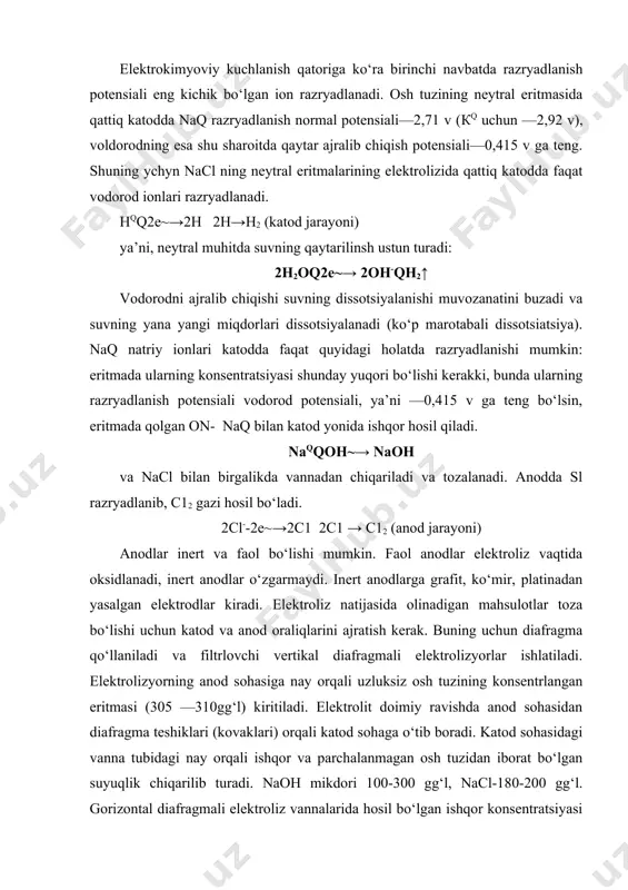 zararsizligi bilan alohida muhimdir alyuminiy ishlab chiqarish alyuminiy xalq xo‘jaligida keng qo‘llaniladigan, aviatsiyada «qanotli metall» deb nom olgan yengil (ρ═1,7—3,0 гғсм3) metalldir. u mustahkam, korroziyaga chidamli, elektr o‘tkazuvchanligi yuqori. uning boshqa metallar bilan qotishmalari keng tarqalgan. masalan, 12—14% si tutgan qotishma silumin, 3—5% si, 1% mg, mp, 1% gacha cr, si, zn tutgan qotishma dyuralyumin deyiladi va samolyotsozlik, avtomobil qurilish transporti, elektrotexnika va kimyo sanoatida ishlatiladi. alyuminiy ishlab chiqarish uchun xomashyo sifatida alyuminiy tutgan minerallar olinadi. bularga boksitlar, nefelinlar, alunitlar va kaolin rudalari kiradi. nefelin rudalari katta ahamiyatga ega (na,k)2o∙al2o3∙2sio2, tarkibida 30-45% а12о3, 40-45% sio2, 12-15% na2o, 5-7% к2о mavjud. o‘zbekistonda boksitlar qizilqum, nurota va janubiy farg‘onada, alunitlar angren kaolin—ko‘mir konida joylashgan. rudali xomashyolardan toza а12оз ajratib olinadi. boksitlar 40—67% а12о3 tutadi, va uni ajratib olish uchun 3 guruh usullar mavjud: ishqoriy, kislotali, termik. bulardan eng keng tarqalgan ishqoriy usul. bu usulning ho‘l va quruq turlari mavjud. ho‘l usulda maydalangan …