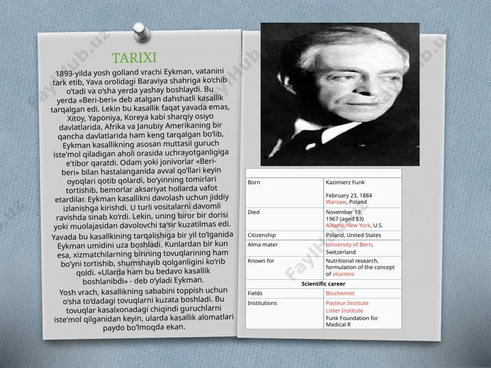 lovchi modda bor deb taxmin qildi. eykman guruch kepagidan dori tayyorlash, bemorlarni tuzatish mumkinligini aniqlagan bo‘lsa-da, uning aynan qaysi modda ekanligini topishga muvaffaq bo‘lolmadi. bu ishni 1912-yilda polyak olimi funk uddaladi. u o‘z laboratoriyasini haqiqiy ma'nodagi kaptarxonaga aylantirib yuborgan edi. tokcha va stellar to‘la kaptarlar qamalgan qafaslar bo‘lib, funk, eykman to‘plagan ma'lumotlar asosida, kaptarlarni faqat oq guruch bilan boqdi. «beri-beri» bechora kaptarlarni panjalarini tortishtirib, bo‘yinlarini changak qilib harakatlanirmay qo‘yardi. shu asnoda funk yuzlab kaptarlarning boshiga yetdi. ammo butun insoniyatga mislsiz darajada naf keltirgan kashfiyotni amalga oshirishga muvaffaq bo‘ldi. funk guruch kepagidagi davolovchi sirni ochdi! funk guruch kepagidan ajratib olgan 4 milligram modda kasallangan kaptarni tuzatdi. bu modda «hayot moddasi» (lotincha: vita - hayot) deb nomlanish oldi. nikolay ivanovich lunin [1854 -1937] lunin dastlab vitaminlar ni organishga asos solgan. 1880- yilda hayvon organizmi vitaminlarsiz yashay olmasligini aytgan vitaminlar organizmning turli tipik vazifalarni bajarishi uchun zarur bo'lgan mikroelementlardir. ushbu mikroelementlar tanamiz tomonidan …