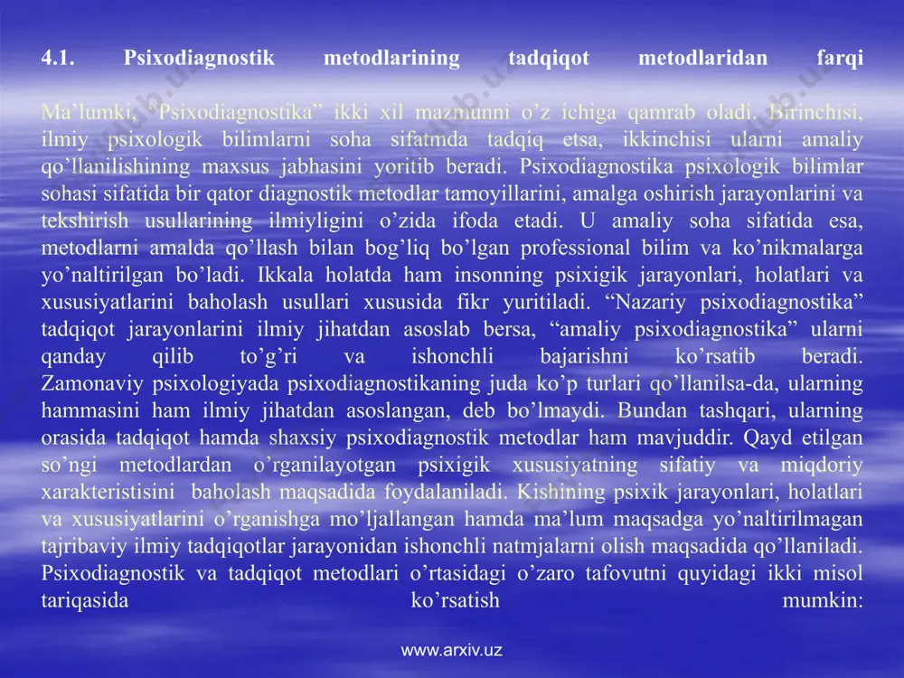eriallarini tasavvur etish shakliga ko’ra: blankali (test materiallarini ifodalanishi yozma yoki biror belgili shakllar bilan: rasm, chizma va hokazo); texnik (audio, video, kino, proyektor va shu singari texnik anjomlardan foydalanish yo’li bilan); sensor (sezish organlariga taalluqli fizik stimullar shaklida taqdim etiladigan materiallar) turlaridan tashkil topadi. psixodiagnostik xulosalar uchun foydalanadigan ma’lumotlar xarakteriga ko’ra metodikalar: obyektiv (sinaluvchi yoki tadqiqotchining xohish-istaklariga va ongiga bog’liq bo’lmagan ko’rsatkichlardan foydalaniladi); subyektiv (tadqiqotchi yoki sinaluvchi ongi va istaklariga bog’liq ma’lumotlardan foydalaniladi) bo’ladi. www.arxiv.uz 4.3. diagnostikaning psixologik-pedagogik jihatdan asosiy yo’nalishlari psixologik-pedagogik diagnostikaning asosiy yo’nalishlari zamonaviy pedagogik va axborot texnologiyalarining talab darajasidan kelib chiqqan holda shakllanmoqda. shu sababli, bu yo’nalishlarning mohiyatini pedagogik amaliyotning qaysi sohasida qo’llanishini aniqlamasdan turib izchil yoritib bo’lmaydi. biz quyida psixologik-pedagogik diagnostika qo’llanishilishi lozim bo’lgan, hamda juda katta amaliy ahamiyatga ega sohalardan bir nechtasini shartli ravishda (hayotda esa ular umumiy, bitta pedagogik jarayonning ajralmas kismlaridir) ajratib o’rgandik: ta’lim-tarbiya nazariyasi va metodikasi; boshqarish va amaliyot; didaktika va …