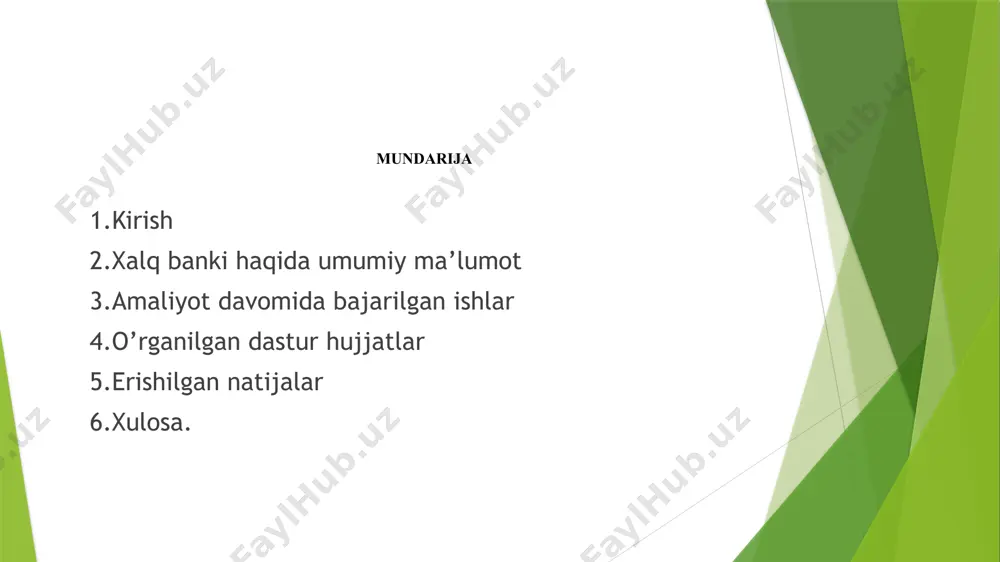 qsad va vazifalarga erishishda raqobatbardosh kadrlar tayyorlash muhim ahamiyat kasb etadi. raqobatbardosh kadrlar tayyorlash esa eng avvalo nazariy bilimlarni amaliyot bilan o'zaro uyg'unlashuvini ta'minlashga bevosita bog’liq. tanishuv amaliyotining maqsadi kelajakdagı kasbiy faoliyat haqida boshlang'ich ma'lumotlarni olish hamda «kasbiy faoliyat asoslari- fanidan olgan nazariy bilimlarni amaliyot ko`nikmalari bilan mustahkamlashdan iborat. o’quv- tanishuv amaliyotining ob 'yekti sifatida- atb “ xalq bank" buxoro viloyati tanlab olindi. men amaliyot vaqtida buxoro viloyat xalq banki jamoasi bilan tanishuv va ichki tartib –qoidalar va xavfsizlik texnikasi bilan tanishuv hamda kundalik ish faoliyatiga kirishish,mijozlarga xushmomilalik bilan xizmat ko’rsatish,jamoaning tartib qoidalariga rioya qilish hamda kundalik ish reja asosida amaliyot olib borildi. kundalik amaliyot ish faoliyatimda bank sohasi bilan tanishuv,mijozlarga xizmat ko’rsatish,navbatni boshqarish vamijozlarga yo’l-yo’riq berish,plastik karta ochish,hisob raqamlar bilan ishlashto’lov topshiriqlari,omonatlar va pul o’tkazmalari.hujjatlar bilan ishlash,shartnomalar tayyorlash va rasmiylashtirish,mijoz so’rovnomalarini qabul qilish va qayta ishlash,axborot tizimiga ma’lumotlarni kiritish va bank dasturlari bilan ishlash kabi amaliy bilim ko’nikmalarga ega …
