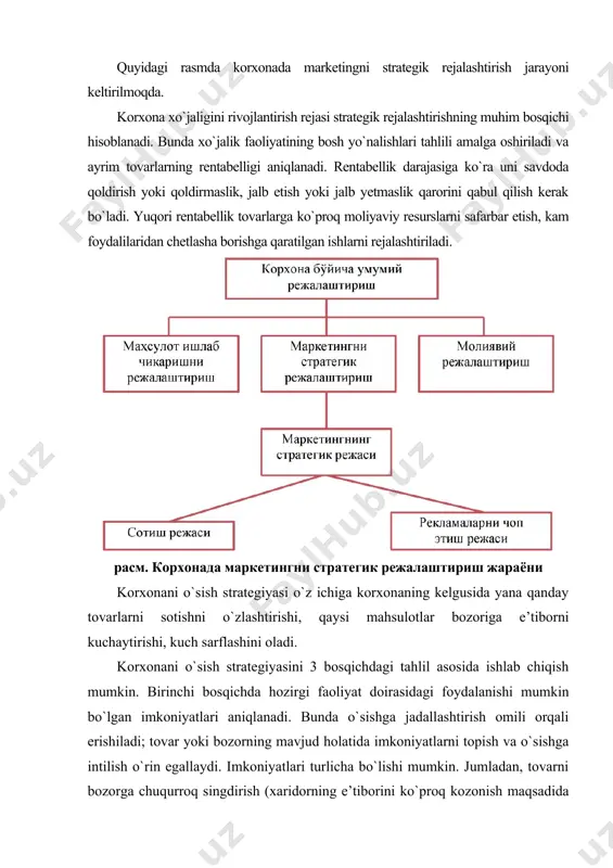 iyat bayoni, xatarlar va imkoniyatlar tafsili, vazifa va muammolar tafsili, marketing strategiyasi, harakat dasturi, budjet va nazorat. strategik rejalashtirishning asosiy xususiyati-umumdoimiy ravishda operativ va strategik nazoratga tayanishidir. bu esa strategiyaga tayinli davr mobaynida turli o`zgarishlarni kiritish va tashqi muhit sharoitlariga moslashish imkonini beradi. strategik rejalashtirish jarayonida bevosita stretegiyani ishlab chiqish bosqichi quyidagi ketma-ketlikda amalga oshiriligshi lozim. dastlabki harakat bosqichi bo`lib, firmaning istiqbolini tahlil qilish hisoblanadi. ushbu bosqichda: asosiy tashqi xavf-xatarlar, imkoniyatlar, «favqulodda» holatlarni vujudga kelish tendensiyalari va ularni bartaraf etish imkoniyatlari hal etiladi. ikkinchi harakat bosqichida raqobatchilik ko`rashidagi mavqei tahlil qilinadi. ushbu bosqichning asosiy vositasi bo`lib-firma faoliyatining qaysi yo`nalishida «raqobatchilik strategiyasini takomillashtirib, firmaning yalpi ish faoliyatining yaxshilash mumkin?» degan savolga javob topiladi. uchinchi, eng muhim harakat bosqichi - strategiyani tanlash hisoblanadi. bunda firmaning turli faoliyatlari bo`yicha istiqbolini kieslash, tanlangan strategiyani amalga oshirishda turli faoliyat yo`nalishlari bo`yicha resurslarni taqsimlash asosiy o`rin egallaydi. lekin ko`pgina hollarda firmaning mavdjud imkoniyatlari kelgusi istiqbol uchun …