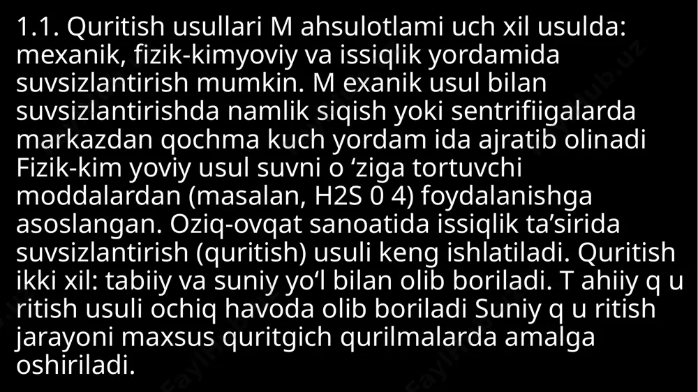 erasi ichidagi ikkita baraban o rtasida uzluksiz tasma tortiladi. barabanlam ing bittasi elektromotor yordamida harakatga keladi, ikkinchisi esa yordam chi hisoblanadi. nam material tasm aning bir uchiga beriladi, quruq material esa tasmaning 197 ikkinchi uchidan ajraladi. quritish jarayoni issiq havo yoki tutunli gazlar yordamida olib boriladi. bu tipdagi quritgichlar bitta yoki ko‘p tastnali bo'ladi. sanoatda ko‘p tasmali quritgichlar keng ishlatiladi k o'p tasmali quritish uskunalarida qurituvchi agent nam m aterialga nisbatan perpendikulyar yo'naltiriladi material bir tasmadan ikkinchisiga tushayotganda uning qurituvchi agent bilan kontakti yuzasi ortadi. bunday quritgichlarda quritish jarayonining turli variantlarini tashkil qilish mumkin 2.3. barabanli quritgichlar bunday uskunalar atm osfera bosimi bilan uzluksiz' ravishda turli sochiluvchan materiallami quritish uchun ishlatiladi barabanli quritgich sjjindrsimon barabandan iborat bo'lib, gorizontga nisbatan kichik og'ish burchagi (3-6°) bilan joylashtiriladi (36irasm). baraban bandajlar va roliklar yordamida ushlab turilib, elektromotor va reduktor yordamida aylantiriladi. uskuna uzunligining diametriga nisbati l/dab q 5-^6. barabanning aylanishlar soni 5-6 daqiqa'1. …