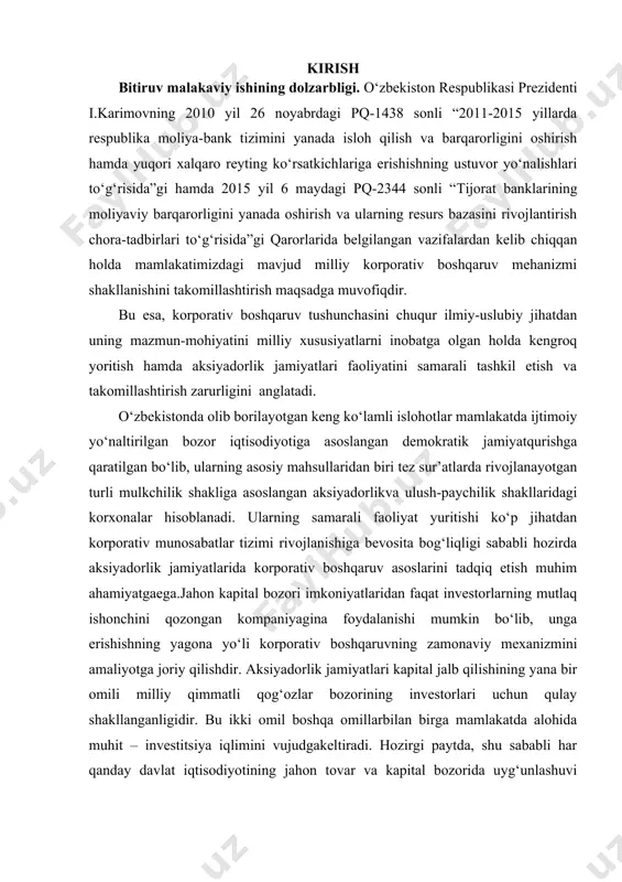 respublikasi prezidenti i.a.karimov ta’kidlaganidek, korporativ boshqaruv tizimidagi prinsip va yondashuvlarni tubdano‘zgartirish, ishlab chiqarish, tashqi iqtisodiy va investitsiya jarayonlariga zamonaviyxalqaro korporativ menejment standartlarini joriy etish jiddiy e’tiborni talabqiladi . demak, davlatimiz rahbari tomonidan samarali korporativ boshqaruv tiziminining qaratilishi bejiz emas. iqtisodiyotni modernizatsiyalash sharoitida samarali faoliyatyuritishning korporativ boshqaruv modeli va mexanizmi aksiyadorlikjamiyatlariga investitsiyalarni jalb qilish, ishlab chiqarishnimodernizatsiyalash, barqaror industrial va iqtisodiy o‘sishni ta’minlash kabimuammolar echimini taminlashi mumkin . bu muammolarning samarali echimikompaniyalarning moliya bozoridagi raqobatbardoshliligi va xavfsizligi,barqarorligi hamda investorlar uchun jalb etuvchanligi va risksizlikdarajasini ta’minlash bilan uzviy bog‘liq. binobarin, prezidentimizi.a. karimov ta’kidlaganlaridek, “... mamlakatimizdagi deyarli barcha ishlabchiqarish obektlari aksiyadorlik kompaniyalari prinsipi bo‘yicha tashkiletilgan, ammo ular o‘z maqomiga qay darajada mos holda faoliyat yuritmoqda vao‘z huquqlaridan qanday foydalanmoqda, degan savolni o‘zimizga beribko‘raylik. aksiyadorlik kompaniyalari o‘zlarining bozor munosabatlariga mosmaqomiga muvofiq faoliyat yuritishi uchun yana qanday mexanizmlarni harakatga keltirish zarur?” shuni inobatga olgan holda “... aksiyadorlik jamiyatlari va aksiyadorlarning huquqlarini himoya qilish to‘g‘risidagi qonunni tanqidiy …