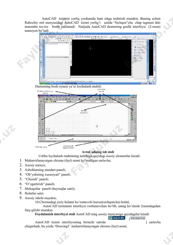 yidagi amallar ketma – ket bajariladi: 1. start (pusk) tugmasi bosiladi (1-rasm). 2. all programs (программы) bo’limiga kiriladi. 3. autodesk bo’limiga kiriladi. 4. autocad dasturi tanlanadi. autocad dasturini ishga tushirish. autocad tizimini yorlig`i autocad tizimini yorliq yordamida ham ishga tushirish mumkin. buning uchun rabochiy stol menyusidagi autocad tizimi yorlig’i ustida “sichqon”cha chap tugmasi ikki marotaba tez-tez bosib yuklanadi. natijada autocad dasturning grafik interfeysi (2-rasm) namoyon bo’ladi. dasturning bosh oynasi ya’ni loyihalash muhiti. avtocadning ish stoli ushbu loyihalash muhitining tarkibiga quyidagi asosiy elementlar kiradi: 1. muharrirlanayotgan chizma (fayl) nomi ko’rsatilgan sarlavha; 2. asosiy menyu; 3. asboblarning standart paneli; 4. “ob’yektning xususiyati” paneli; 5. “chizish” paneli; 6. “o’zgartirish” paneli; 7. muloqotlar paneli (buyruqlar satri); 8. holatlar satri; 9. asosiy ishchi maydon; 10.chizmadagi joriy holatni ko’rsatuvchi kursor(sichqoncha) holati. autocad tiziminini interfeysi rostlanuvchan bo’lib, uning ko’rinish 2rasmdagidan farq qilishi mumkin. foydalanish interfeysi stoli autocad ning asosiy menyusiga quyidagilar kiradi: autocad tizimi interfeysining birinchi satrida …