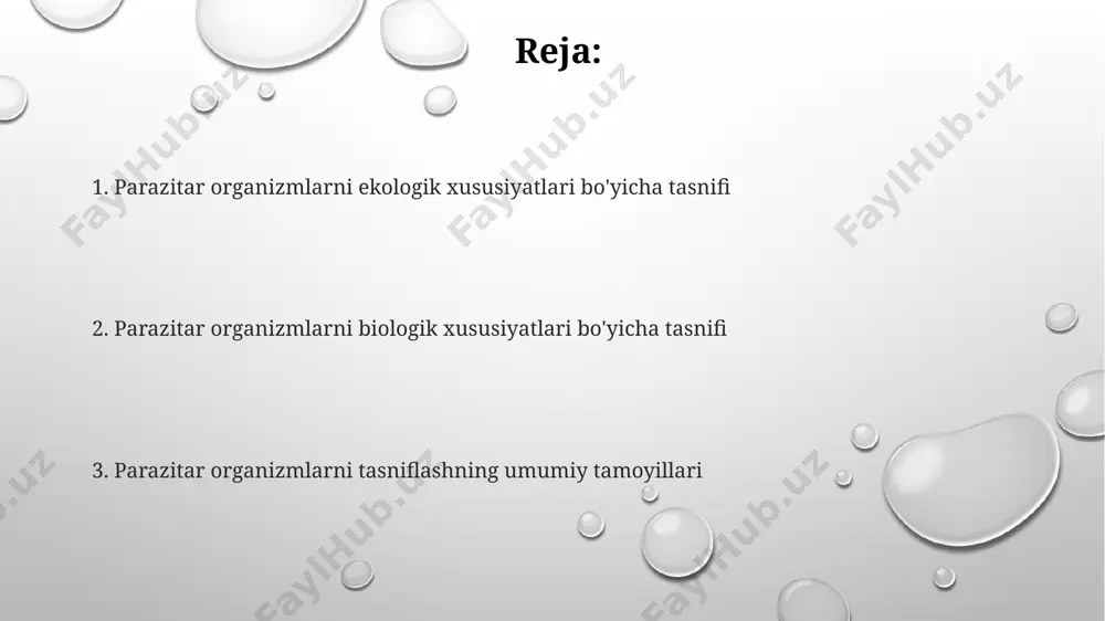 azitlar faqatgina afrikaning tropik mintaqalarida uchraydi, bu ularning ekologik moslashuvi va tarqalishini aks ettiradi. parazitlarni ularning hayot siklining murakkabligiga va xo'jayin organizmlar soniga qarab ham tasniflash mumkin. masalan, 2 ta xo'jayinli schistosoma mansoni yoki bitta xo'jayinli entamoeba histolytica kabi misollar mavjud. e'tiboringiz uchun rahmat @taqdimot_robot image1.png image2.png image3.png