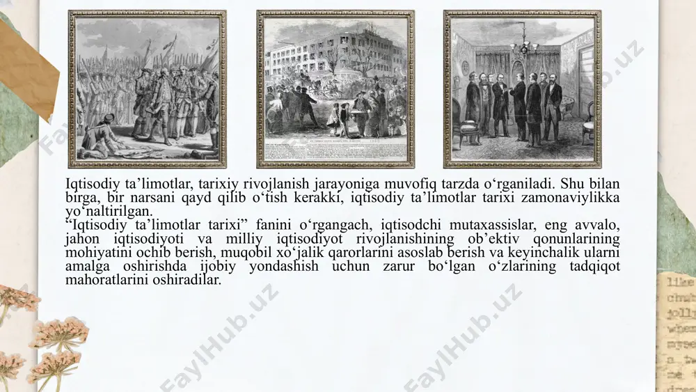 kchilikni yo’q qilish, ishlab chiqarish taqsimot va istemolni qayta tashkil etish va adolatli tuzum o’rnatish talabi bilan chiqadilar. sotsialistik “ marjinalizm vakillari (marjinal-me‘yoriy, qo‗shilgan) — tovar nafliligi, qo’shilgan mehnat yoki resurs unumdorligining pasayib borishi nazariyalarini ishlab chiqqan. keyingi tovar nafliligining kamayib borish qonuni bu oqimning asosiy prinsipi hisoblanadi. shunga ko’ra narx xarajatga bog’liq bo’lmay, keyingi naflilik asosida belgilanadi. karl menger, fridrix fon vizer, eigen fon bem-baverk, uilyam stenli jevons marjinalizm asoschilari hisoblanadi. sotsialistik (a.sen-simon, sharl fure, robert ouen) kapitalizmni tanqid qilib, xususiy mulkchilikni yo’q qilish, ishlab chiqarish, taqsimot va iste‘molni qayta tashkil etish va adolatli tuzum (industrial jamiyat, garmonik jamiyat, kommunizm) o’rnatish talabi bilan chiqadilar. image9.png image10.png image11.jpeg image1.jpeg image2.png image3.png image4.png image5.png image6.png image7.png image8.png image15.jpeg image16.jpeg image17.png image18.png image12.png image13.png image14.png image21.png image22.png image19.png image20.png image24.png image23.png image25.png image26.png image27.jpg image28.jpeg image29.jpeg image30.png image31.png /docprops/thumbnail.jpeg