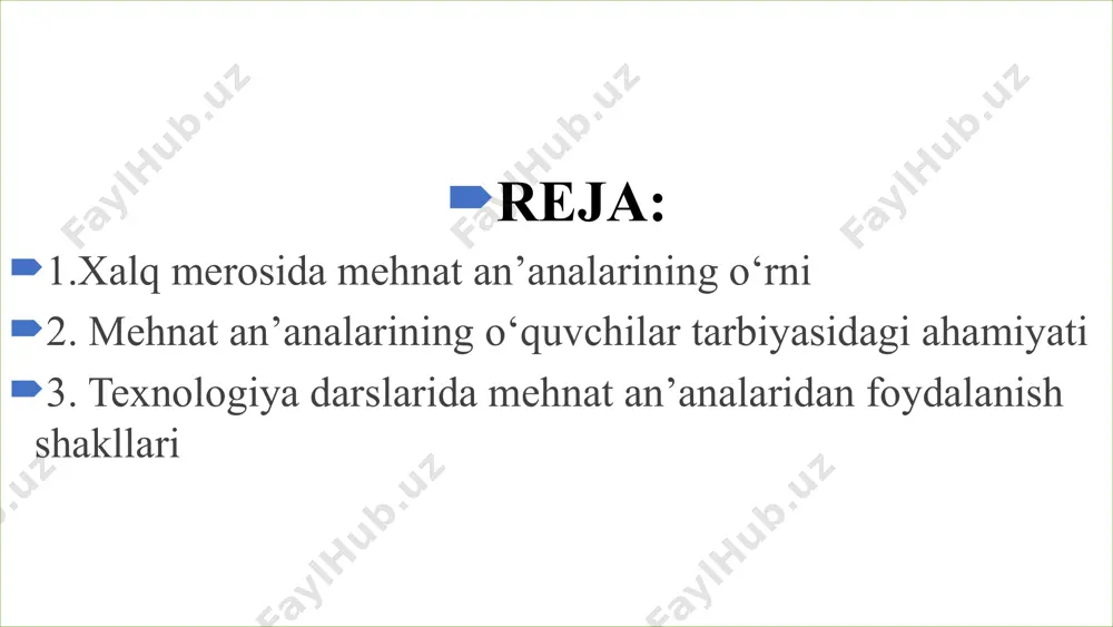 lilik xushmuomalalik, mehribonlik, bolani qanday bo'lsa shundayligicha seva olish. tushuna bilish bolaning his-tuyg'ularini qadrlash, ruhiy holatini, ichki dunyosini tushuna bilish. namuna bo'lish ezgu sifatlari bilan namuna bo'la olish, olijanobligi, odamiyligi bilan o'quvchilar idealiga aylanish. adolatlilik quvnoqlik, intizomlilik va axloqlilik kabi fazilatlar bolalar muhabbatiga sazovor bo'lishning zarur omillaridir. 7 xalqimizning mehnatga munosabati 1 mehnatni ulug'lash xalqimiz azaldan mehnatni ulug'lagan. mehnatsevarlik kishilarning eng yaxshi fazilatlaridan biri deb hisoblangan. 2 halol mehnat kishilar halol mehnat qilib, shuning evaziga topgan daromadlari hisobiga yashamoqlari va bolalarini ta'minlamoqlari lozim. 3 kasb-hunar ahamiyati ulug' ajdodlarimiz yoshlarni kasb-hunarni egallamoqqa chaqirganlar. "hunar - hunardan unar" kabi ezgu o'gitlar xalq o'rtasida keng yoyilgan. 2.reja 8 mehnat tarbiyasida hisobga olinadigan jihatlar 1 mehnatkashlar munosabati mehnatkashlarning o'z mehnatiga munosabati an'analari - kasbiga, xalqiga, topshirilgan vazifasiga davlat ehtiyojini o'ylab yondashish. 2 o'zaro munosabatlar o'quvchilarning bir-biri bilan munosabatlarda do'stlik, o'rtoqlik, o'zaro yordam va mehnatda to'g'ri munosabatda yondashish. 3 yangi an'analar yangi mehnat marosimlari, an'analari …