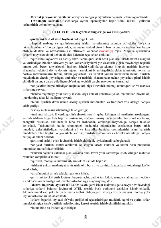 loyixasining yoki texno- ishchi loyixasining asosiy tarkibiy qismidir. ikki bosqichli loyixalashda ketma-ket, ya’ni “loyixa” va “ishchi xujjatlar” bosqichi bajariladi; ayrim aloxida barpo etiladigan ob’yektlar uchun loyixalash “texno-ishchiloyixa” sifatida bir bosqichda ishlab chiqilishi mumkin. qtel ob’yekt qurilishi davomiyligini, uning tannarxi, material va kerakli uskunalarga bo‘lgan talablarini aniqlaydi. qtelni bosh loyixa tashkiloti yoki uning buyurtmasi asosida loyixaning qurilish qismini loyixalovchi tashkilot bajaradi. yirik va murakab yangi konstruksiyali ob’yektlar uchun qtelning ayrim bulimlarini ixtisoslashgan tashkilotlar ishlab chiqishi mumkin. qtel ob’yektdagi barcha inshootlar majmuasini qamrashi kerak va majmua qurilishining tuliq davriga mos ravishda ishlab chiqilishi kerak. agar yirik ob’yektni barpo etilishi qismlar yoki navbat bilan amalga oshirish nazarda tutilgan bulsa, u xolatda qtel butun ob’yekt uchun yoki majmuani ayrim navbatlari uchun mustaqil yanada aniqroq xolda ishlab chiqilishi nazarda tutiladi. ishlarni bajarish loyihasi (ibl) binoning tuliq qismiga, binoni barpo etishning ayrim qikllariga va murakkab qurilish ishlariga ishlab chiqiladi. ibl ishlar bajarilishini boshlanguniga qadar bosqichda yaratilishi …