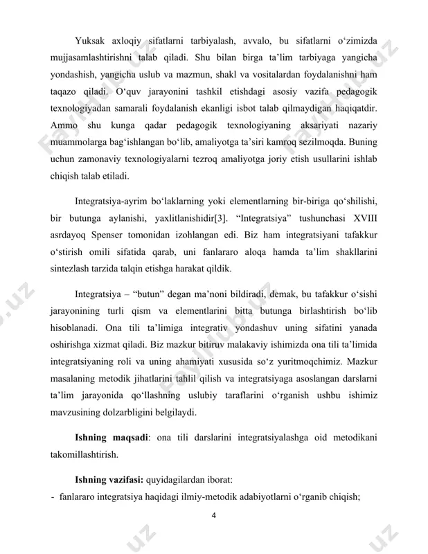 jumladan, buyuk britaniya ta’lim tizimida asosan integrativ fanlar joriy qilingan bo‘lsa, koreya va shveysariyada integratsiyalashgan fanlar, vengriyada madaniyat yo‘nalishidagi o‘quv fanlari, irlandiyada fan va texnika kabi bloklarda barcha o‘quv fanlari mujassamlashtirilgan holda o‘qitiladi[4]. a. g‘ulomov hamda h. ne’matovlar ta’kidlashicha, boshqa fanlardan olingan ma’lumotlardan foydalanib, o‘quvchilarni nutq uslublari bilan tanishtirish imkoniyatiga ega bo‘lmoq lozim. o‘quvchilar badiiy uslubni adabiyot, ilmiy uslubni biologiya, kimyo, fizika, matematika, ish qog‘ozlari uslubini huquq asoslari fanlaridan olingan materiallar asosida o‘rganishlari zarur[5]. ta’lim samaradorligini oshirish uchun integratsiya holatidagi dastur va darsliklar yaratilishi lozim. pedagog u.musayev integratsiyaning quyidagicha turli darajalarini taklif etadi[6]. mavzularni ketma-ket taqdim etish asosidagi integratsiya; bunda o‘quv materiallarini bayon qilishda konsentrizm prinsipiga amal qilinadi, ya’ni oldingi o‘quv-materiali keyingisini to‘ldiradi. integratsiya fanlarning mexanik birlashishi emas, bu sintez, yangi narsaning kelib chiqishi, kashfiyotdir. alohida sistemalarning yaqinlashishi, bog‘lanishi va yagona bir yangi narsaning yaratilishidir. integratsiya – differensiatsiyaning aksi bo‘lib, unga teskari bo‘lgan jarayondir. uni quyidagi yo‘nalishlarda tatbiq etish maqsadga …